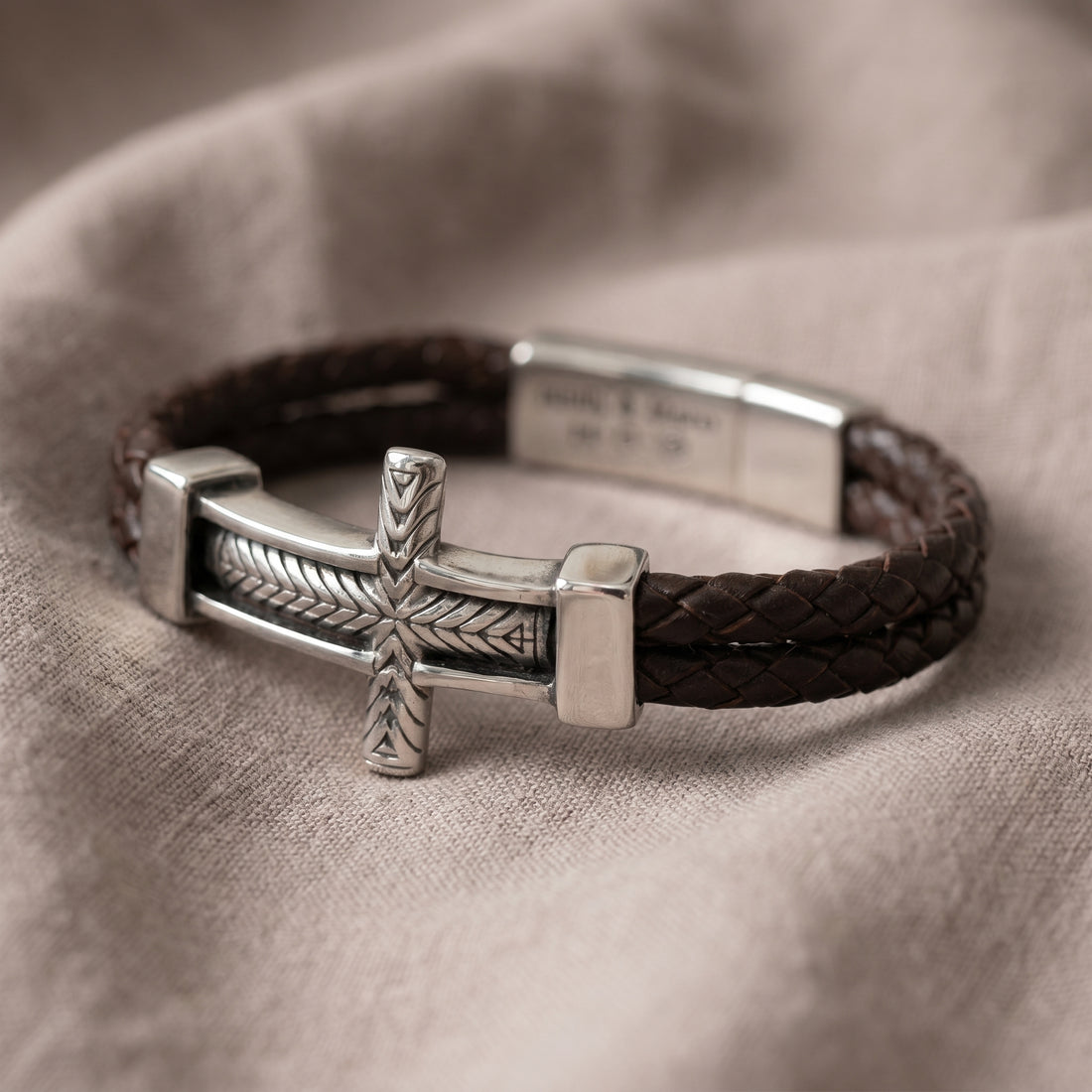 Engraved Men’s Cross Leather Bracelet – Personalized Christian Gift