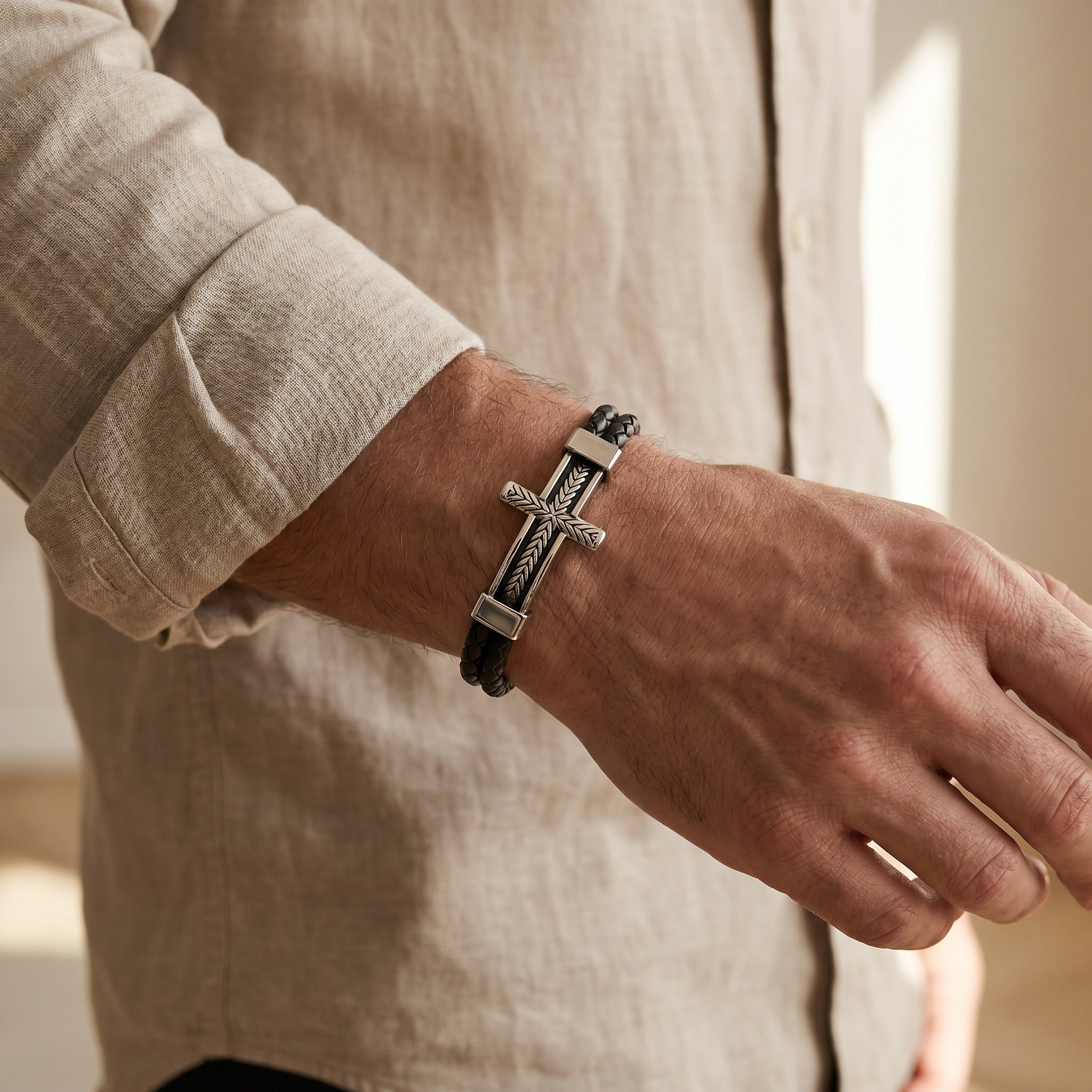 Personalized Men’s Cross Leather Bracelet – Christian Gift for Men