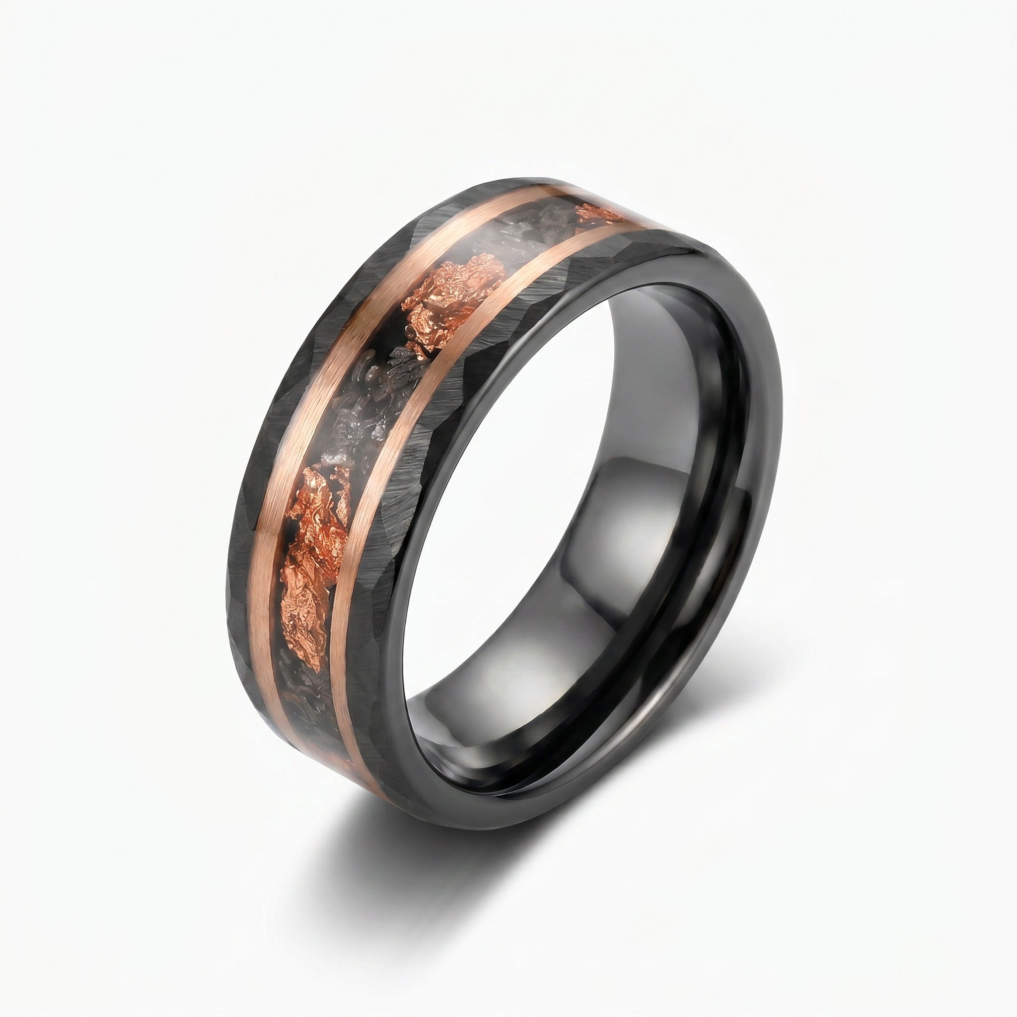 Black Tungsten Wedding Band with Rose Gold Inlay and Meteorites