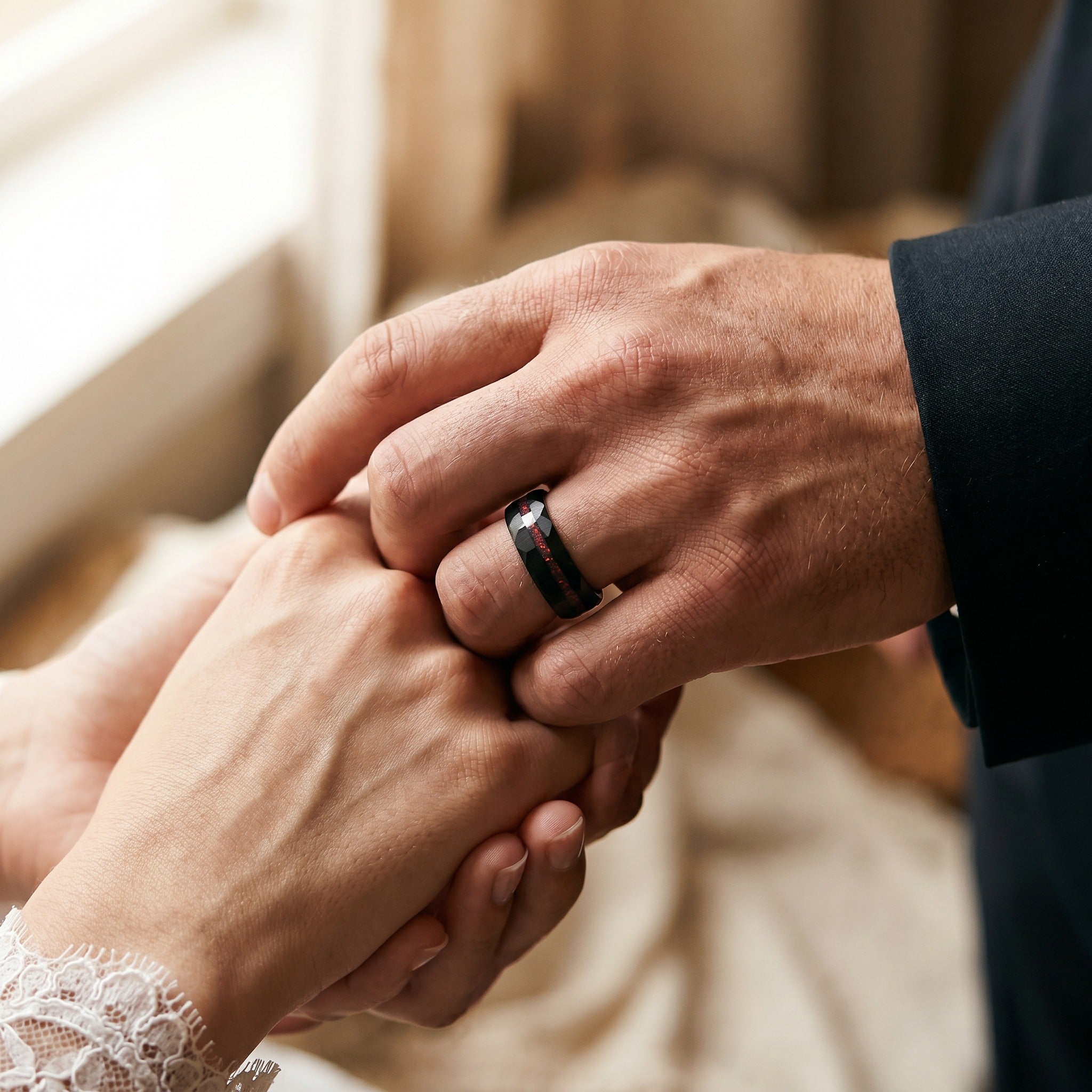 Close-up of two hands holding each other, with a focus on a ring.