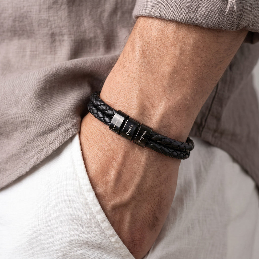 Men's Personalized Leather Bracelet with Kids Names