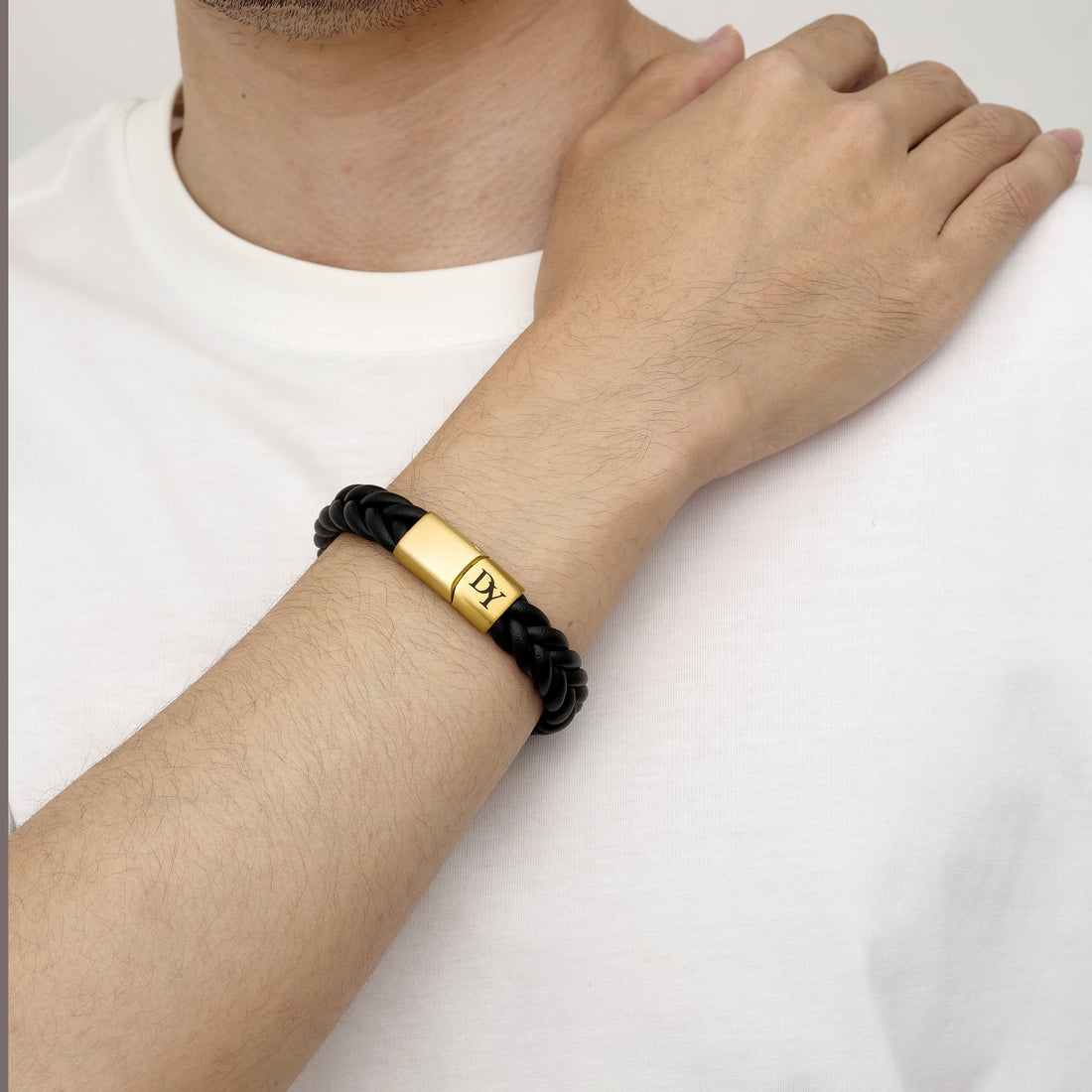 men’s leather band bracelet featuring a gold initial