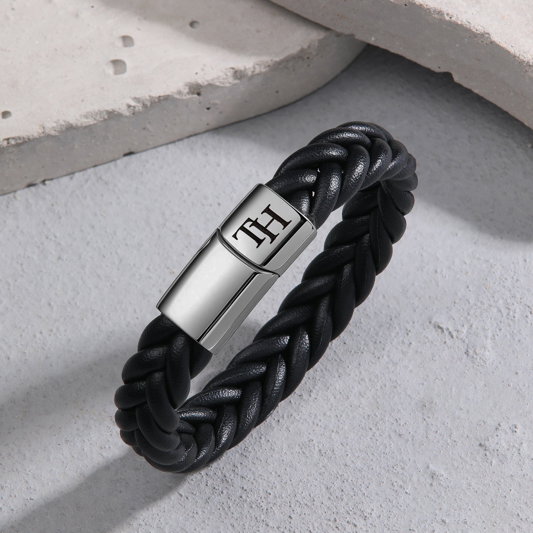 custom silver initial bracelet for men, gift-ready leather style