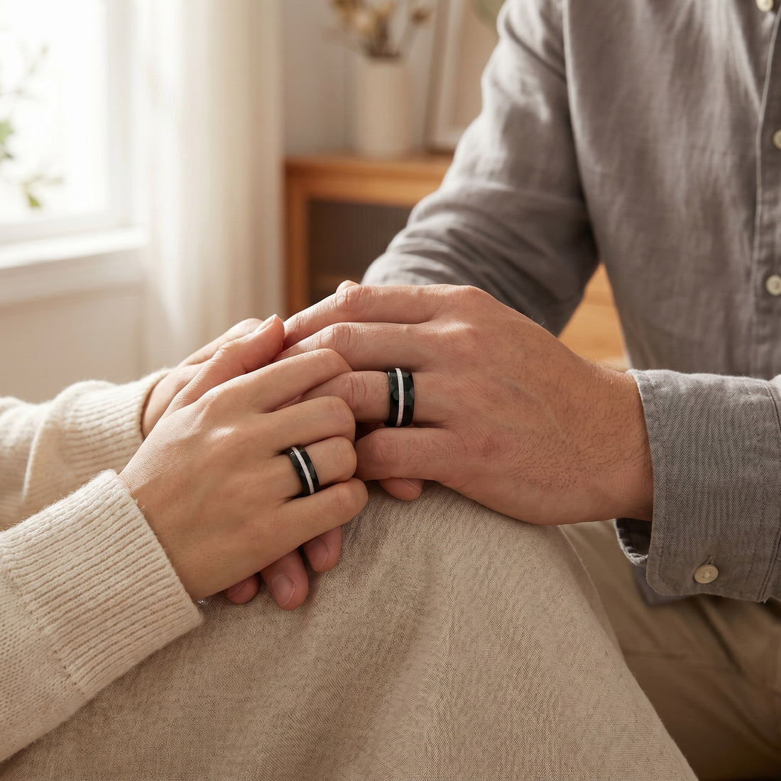 Two people holding hands with a soft indoor background