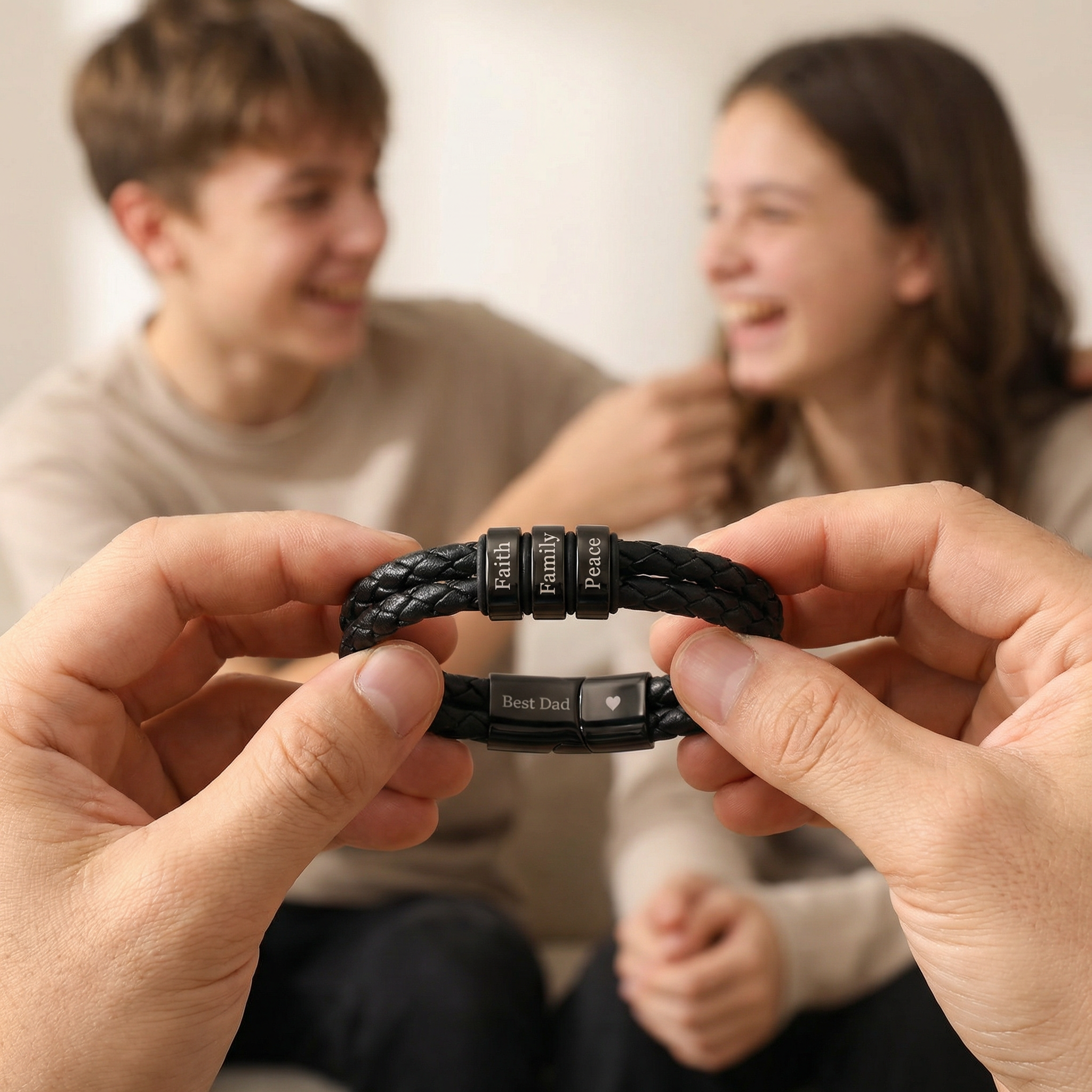 Men's Leather Bracelet with Family Names - Black