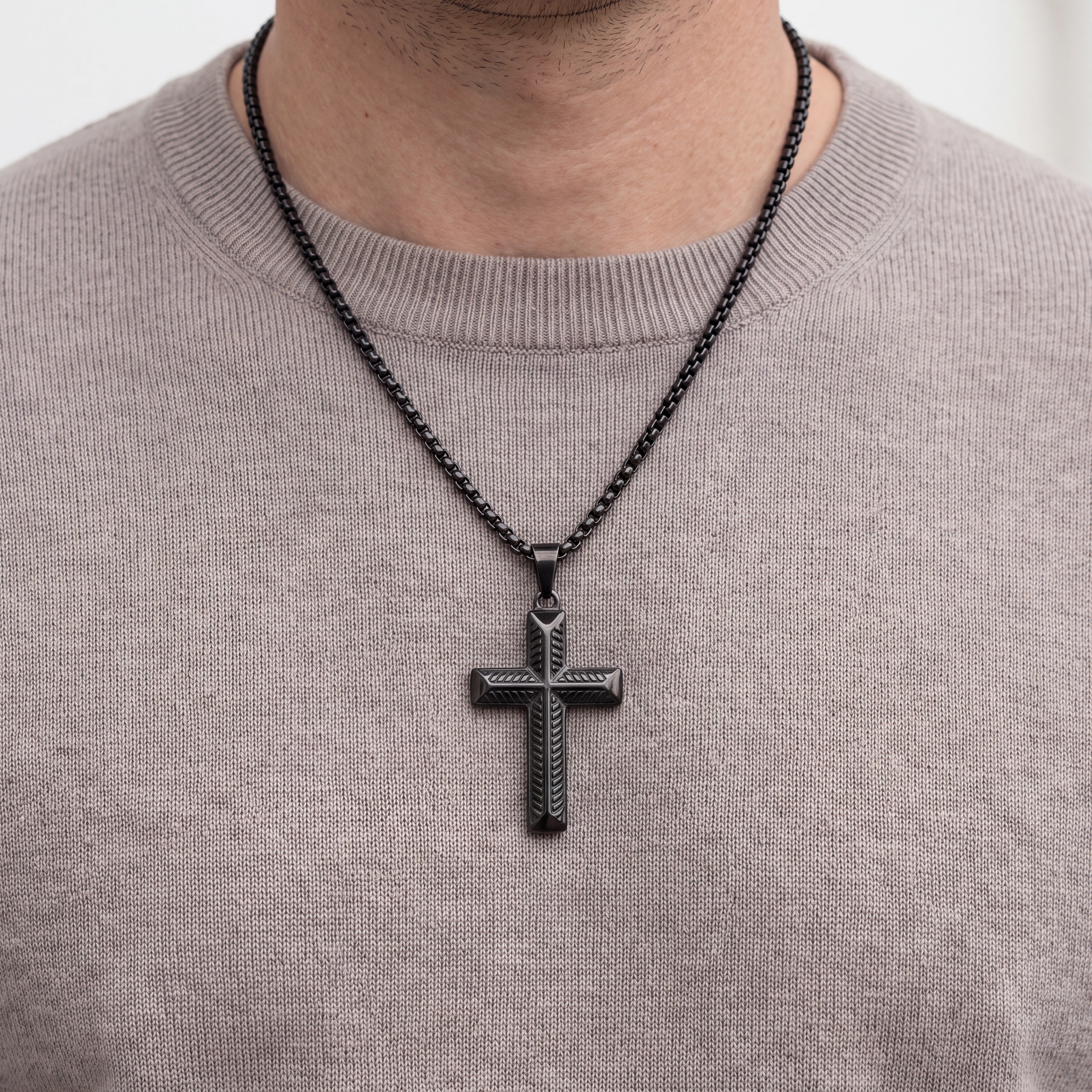 Men’s Black Cross Necklace with Custom Engraving