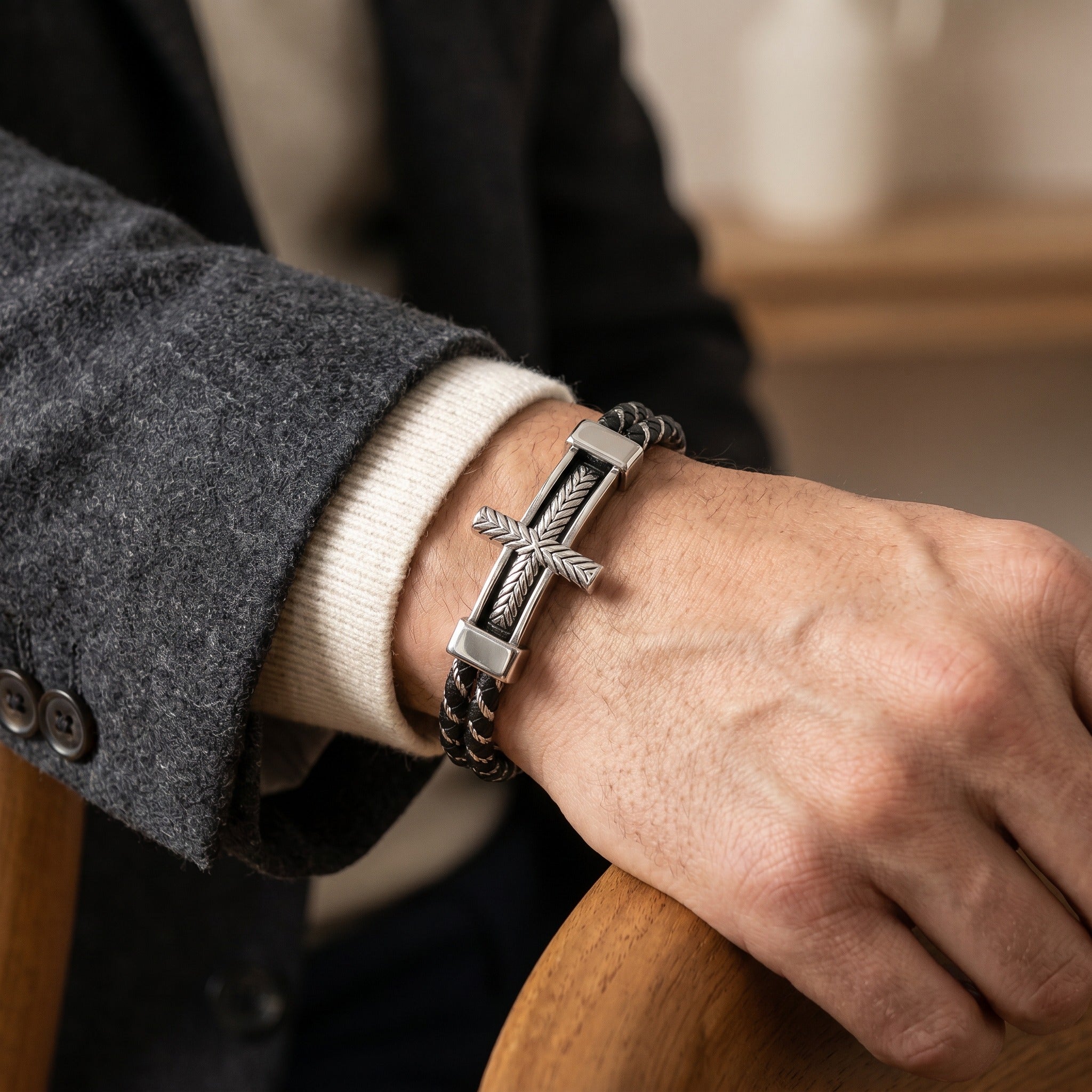 Personalized Men's Cross Leather Bracelet – Custom Christian Gift