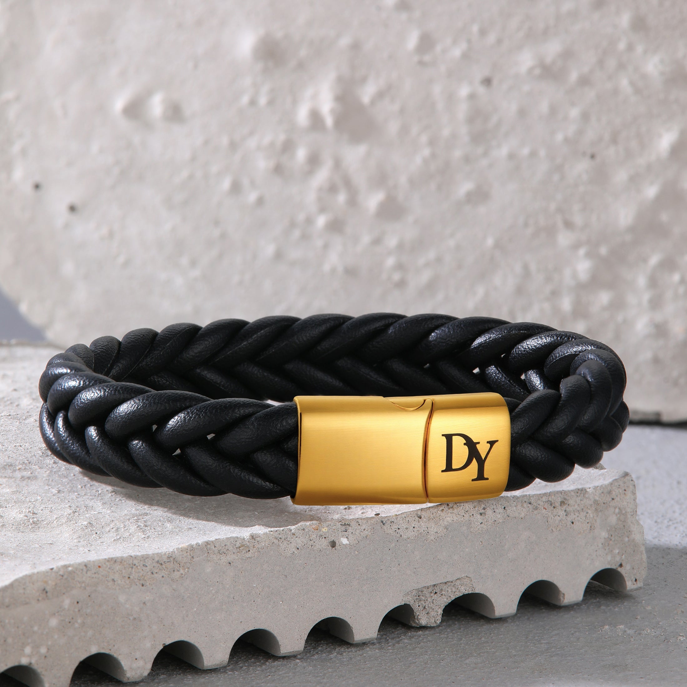 men’s custom leather bracelet with gold initial letter