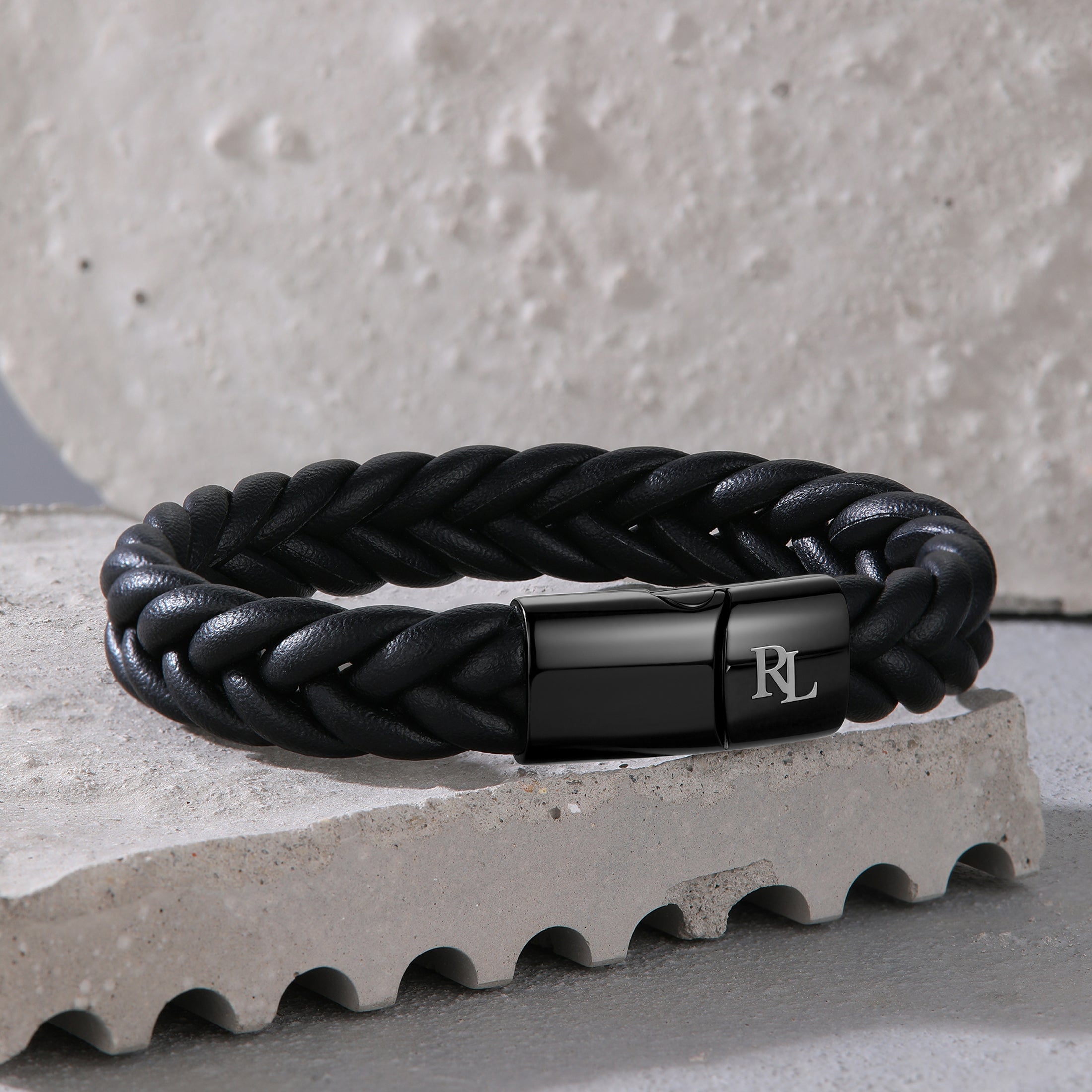 men’s leather bracelet with custom gold initials, personalized jewelry gift