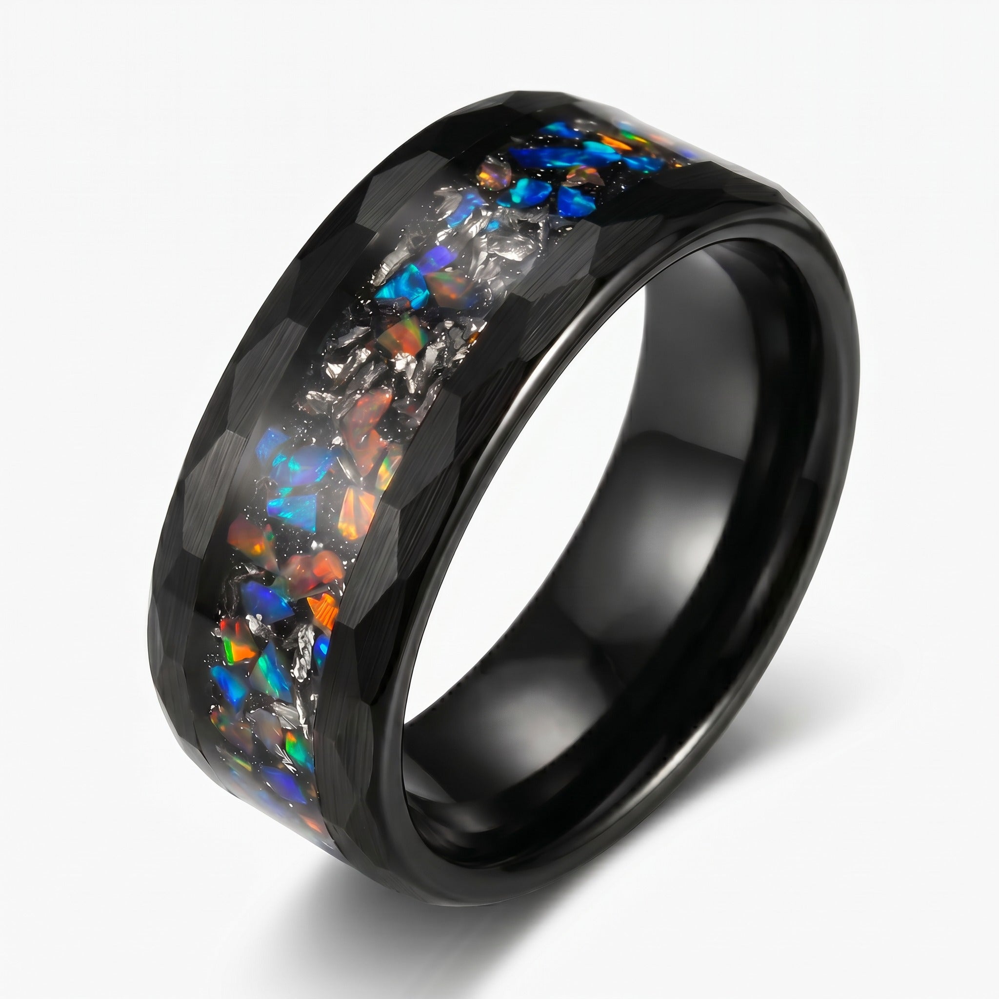 Men’s Black Tungsten Ring with Opal and Meteorite Inlay