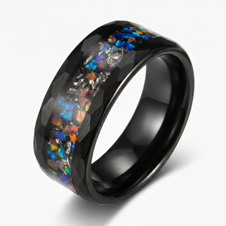 Men’s Black Tungsten Ring with Opal and Meteorite Inlay