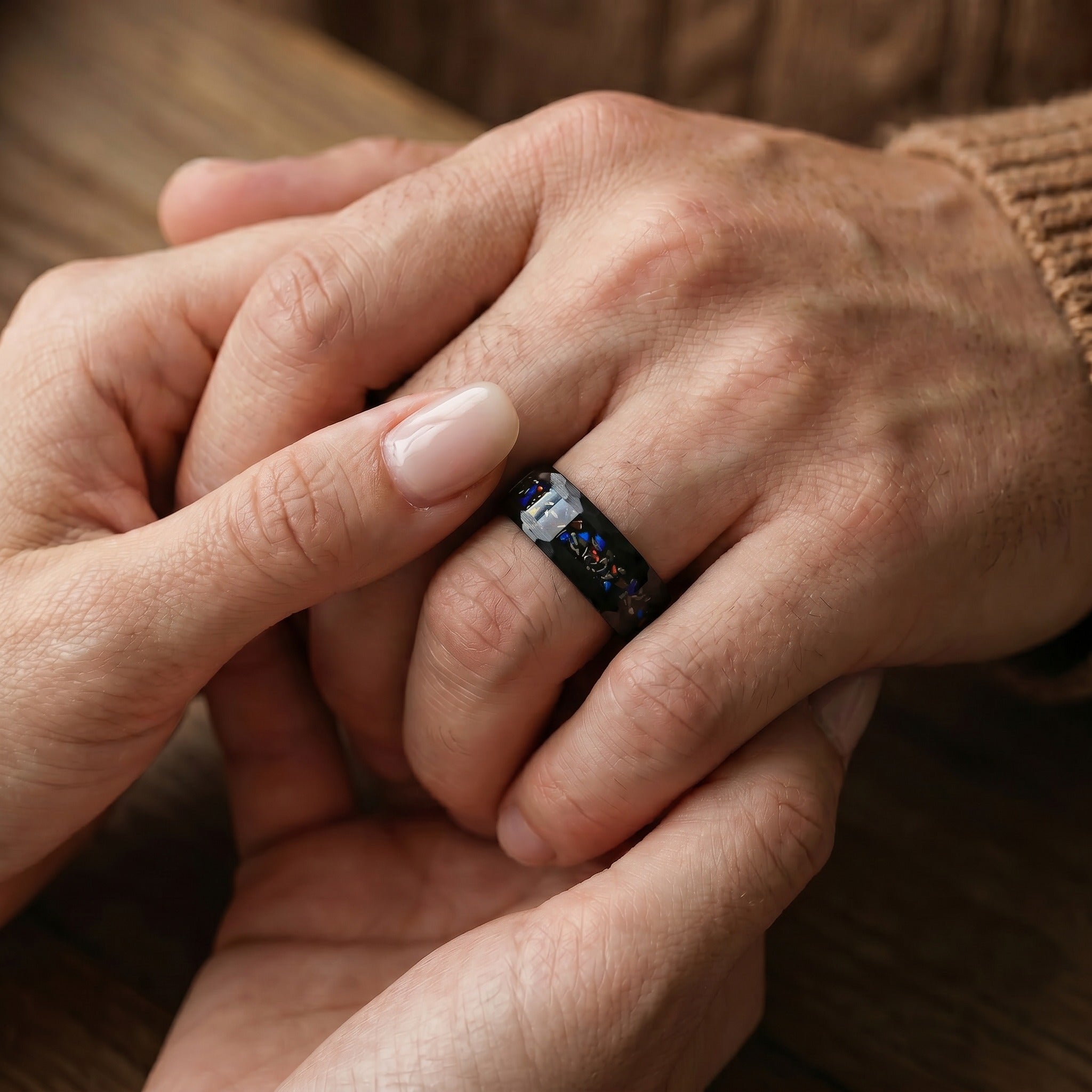 Men’s Black Tungsten Ring with Opal and Meteorite Inlay