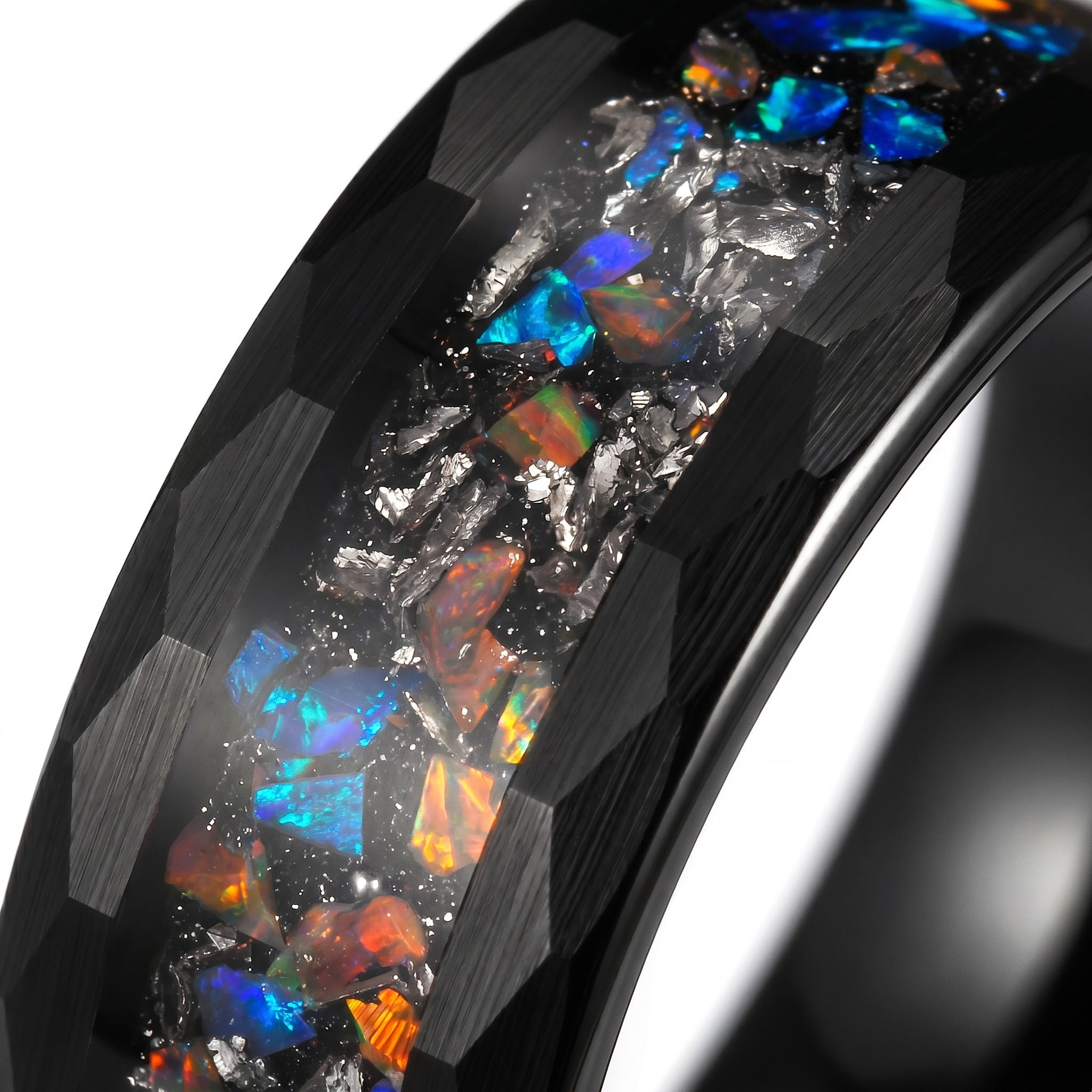 Men’s Black Tungsten Ring with Opal and Meteorite Inlay