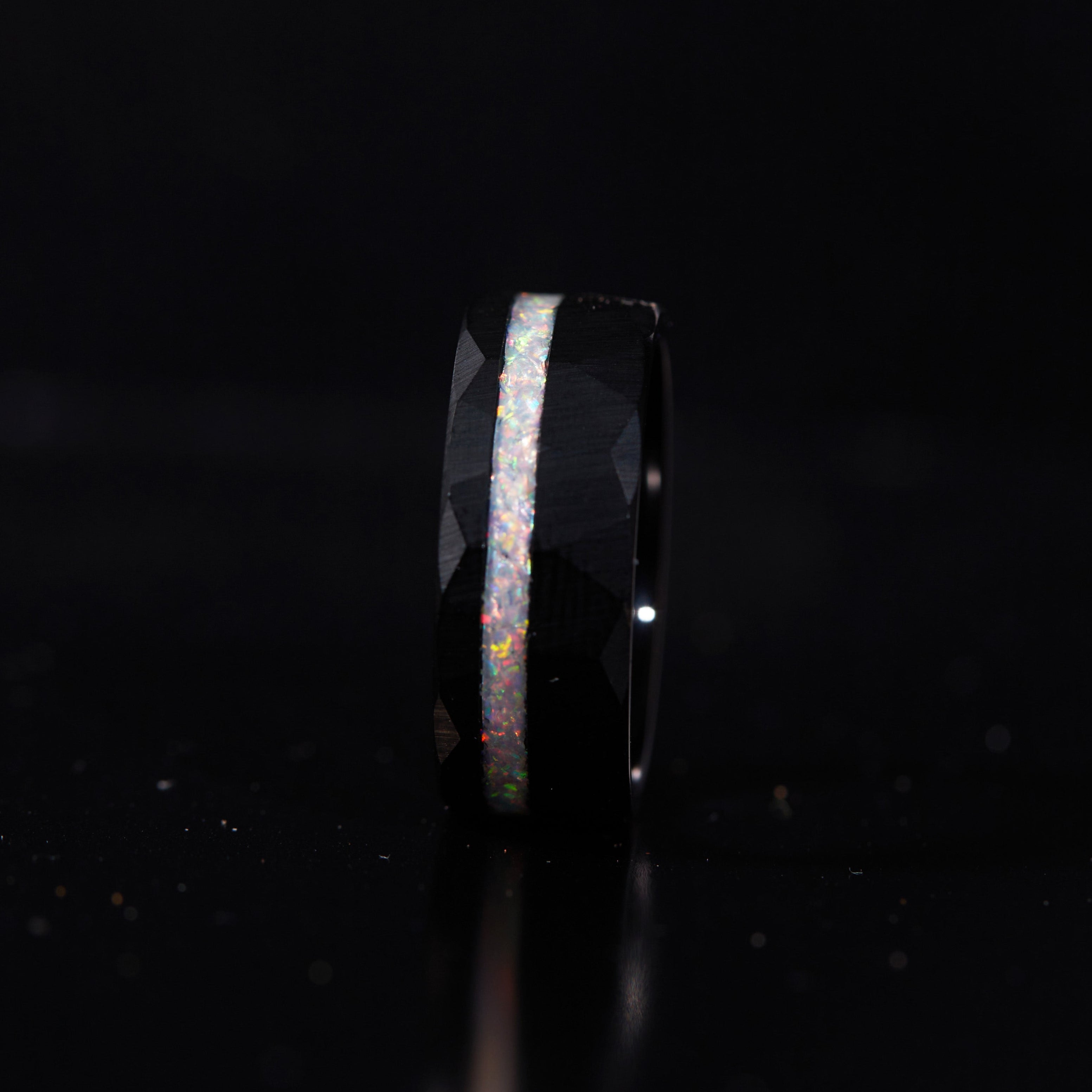 Personalized  Black Ring with White Opal Inlay - 6mm