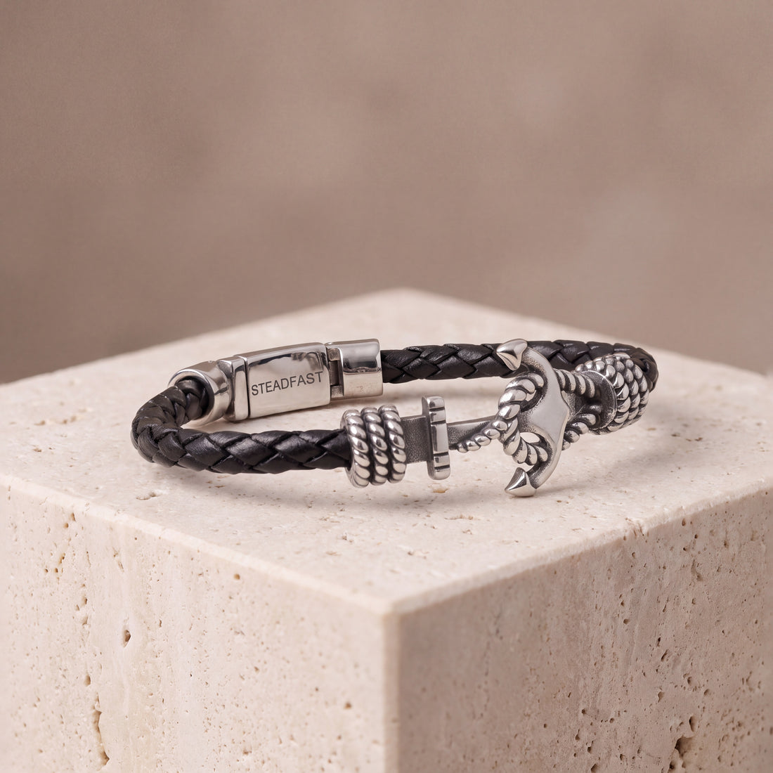 Stainless steel clasp of the anchor leather bracelet, custom engraved inside 