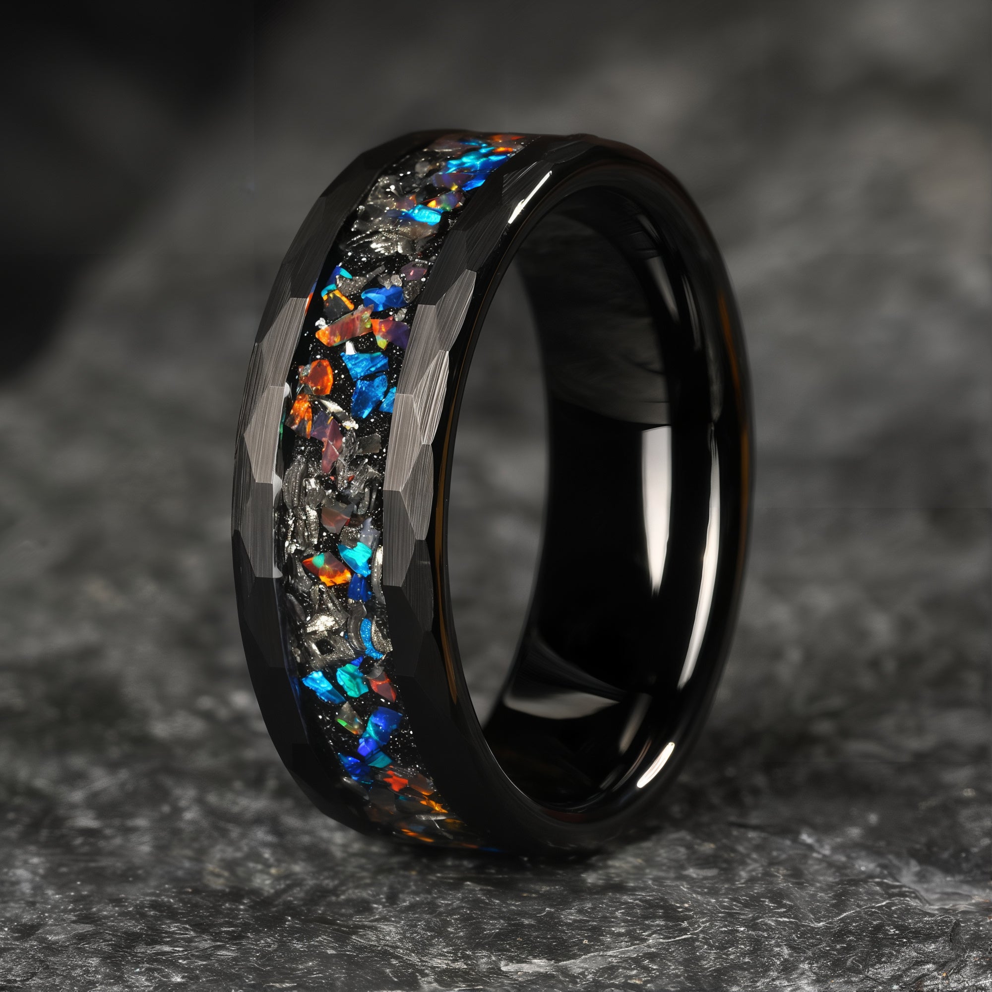 Men’s Black Tungsten Ring with Opal and Meteorite Inlay