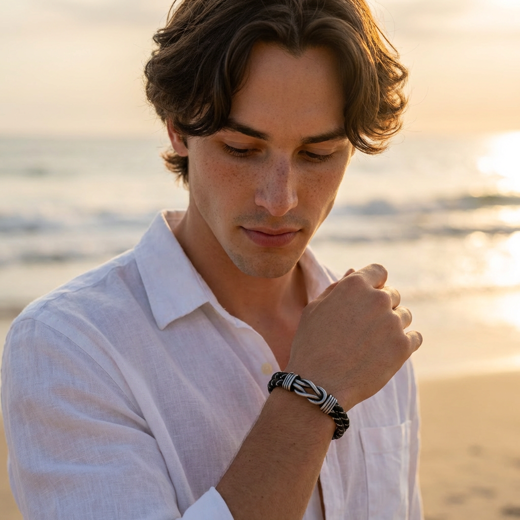 Personalized Infinity Knot Leather Bracelet - Silver Braided