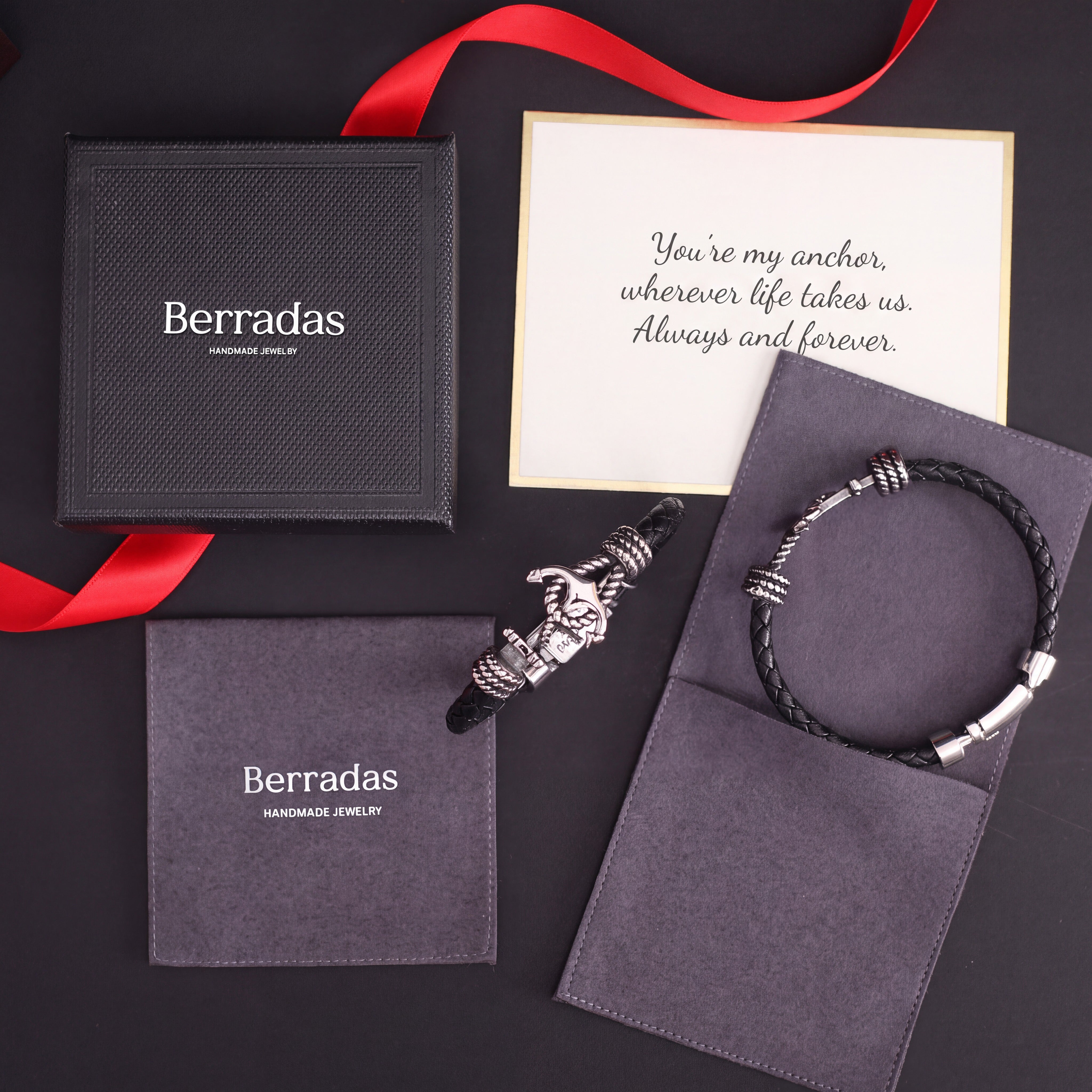 Berradas gift box holding a black leather anchor bracelet