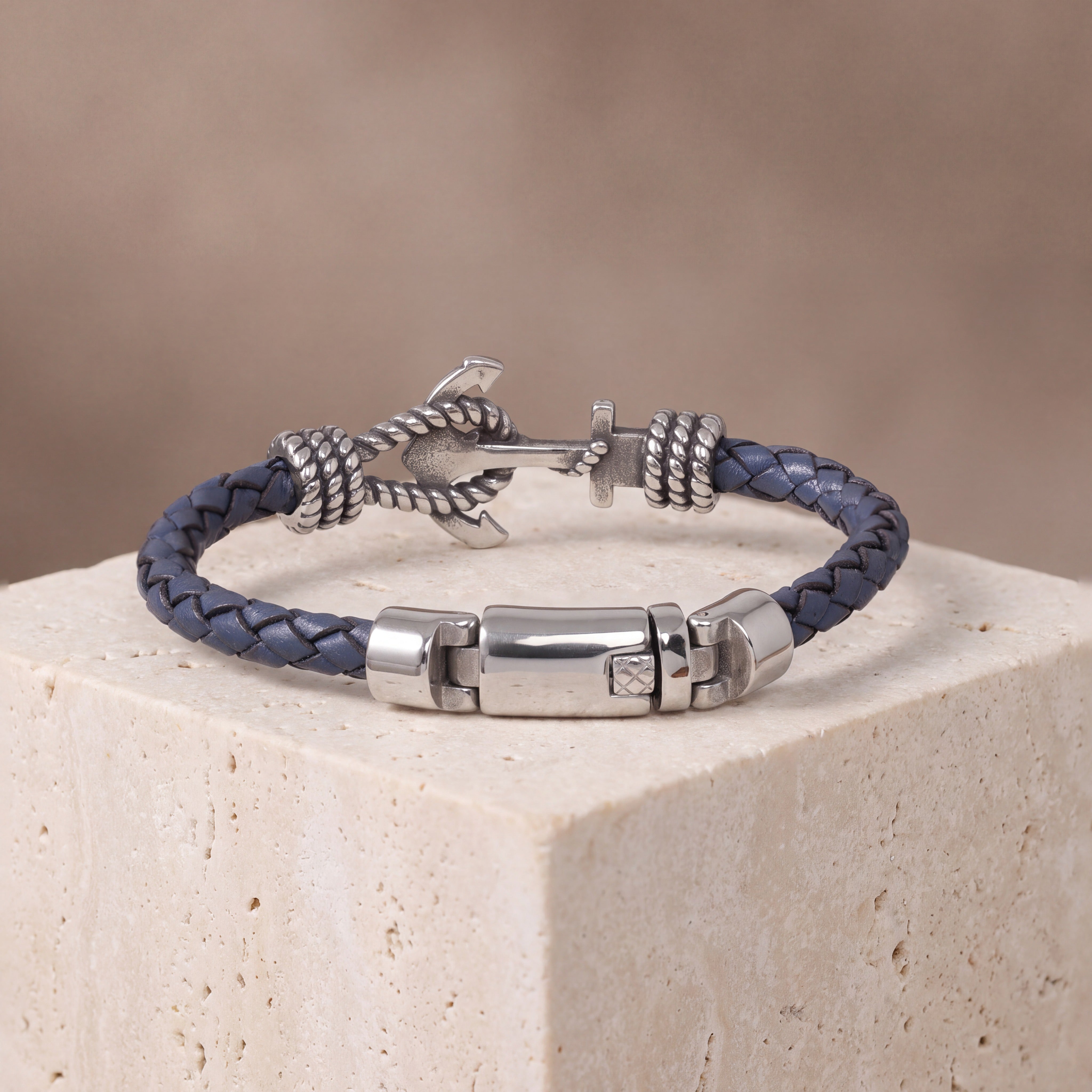 Men's Engraved Anchor Leather Bracelet - Blue