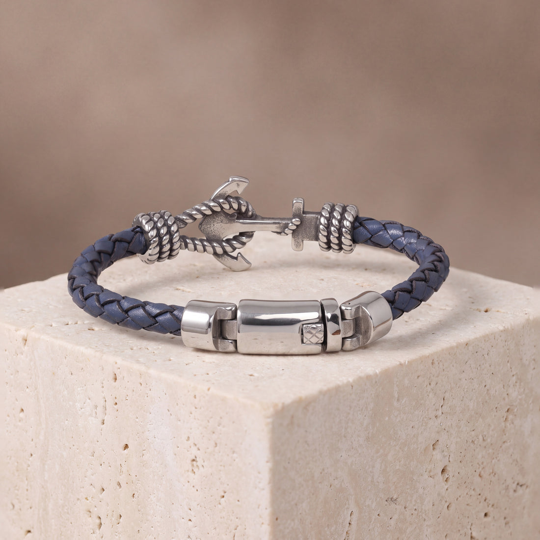 Men's Engraved Anchor Leather Bracelet - Blue