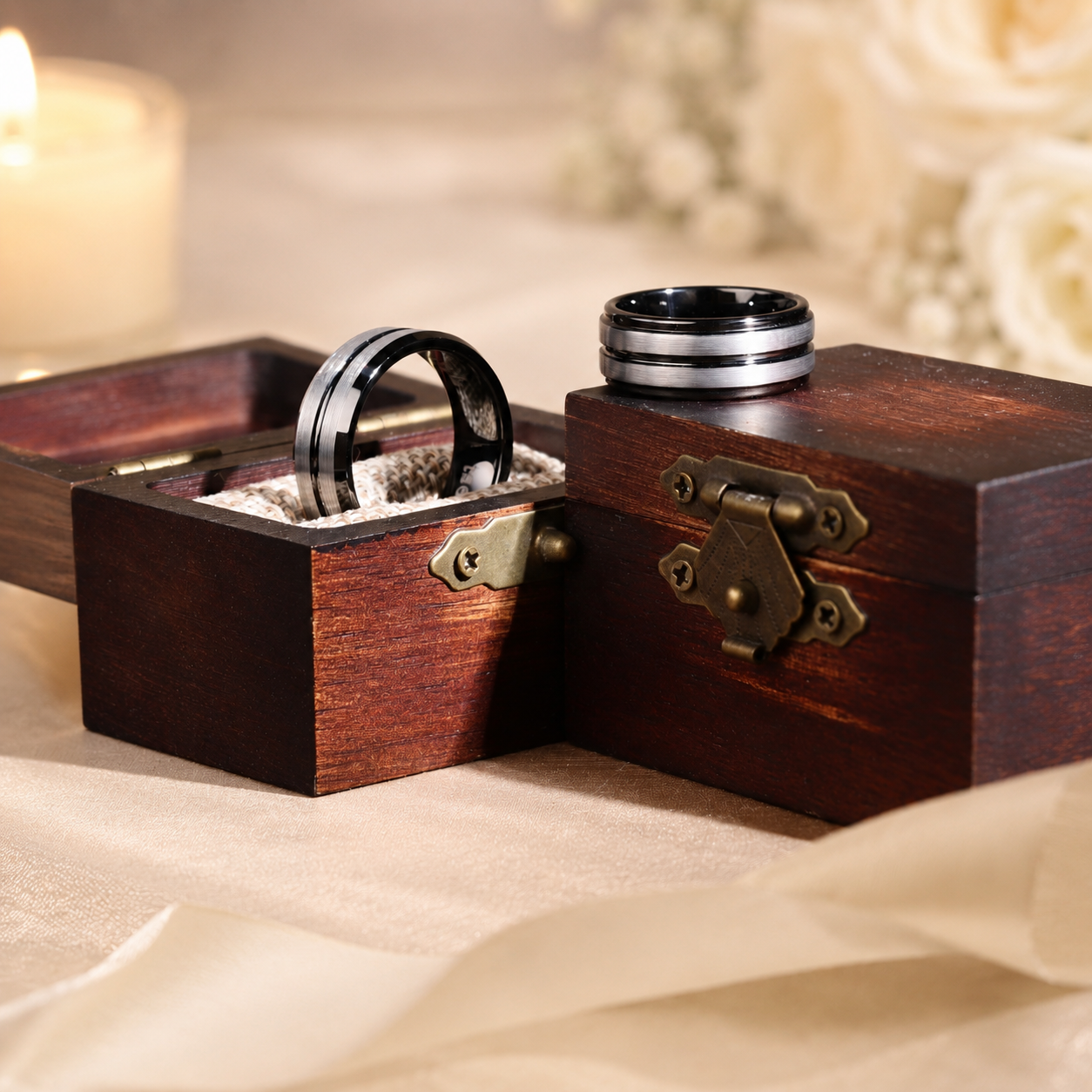 Wooden jewelry box with two rings on a soft fabric background