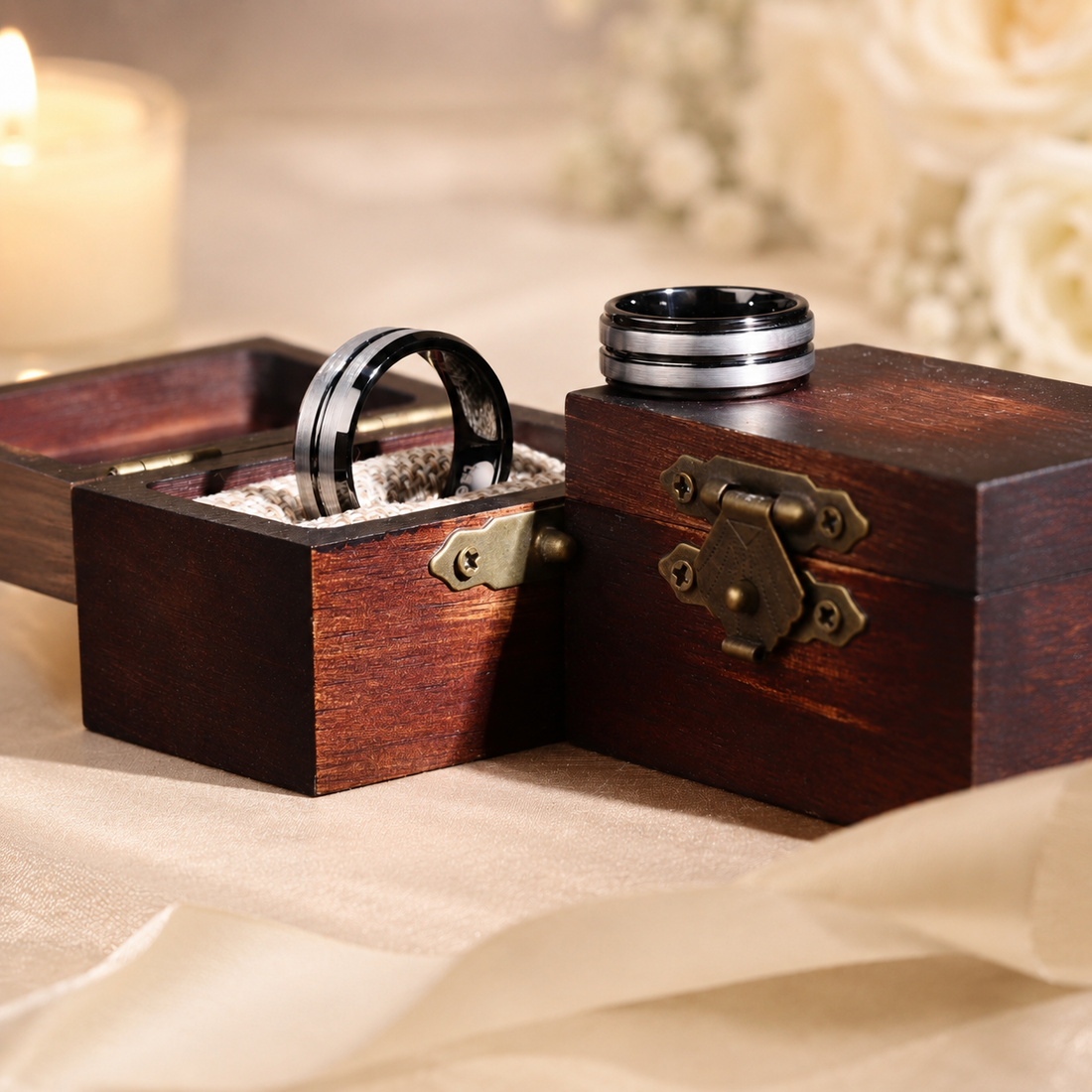 Wooden jewelry box with two rings on a soft fabric background