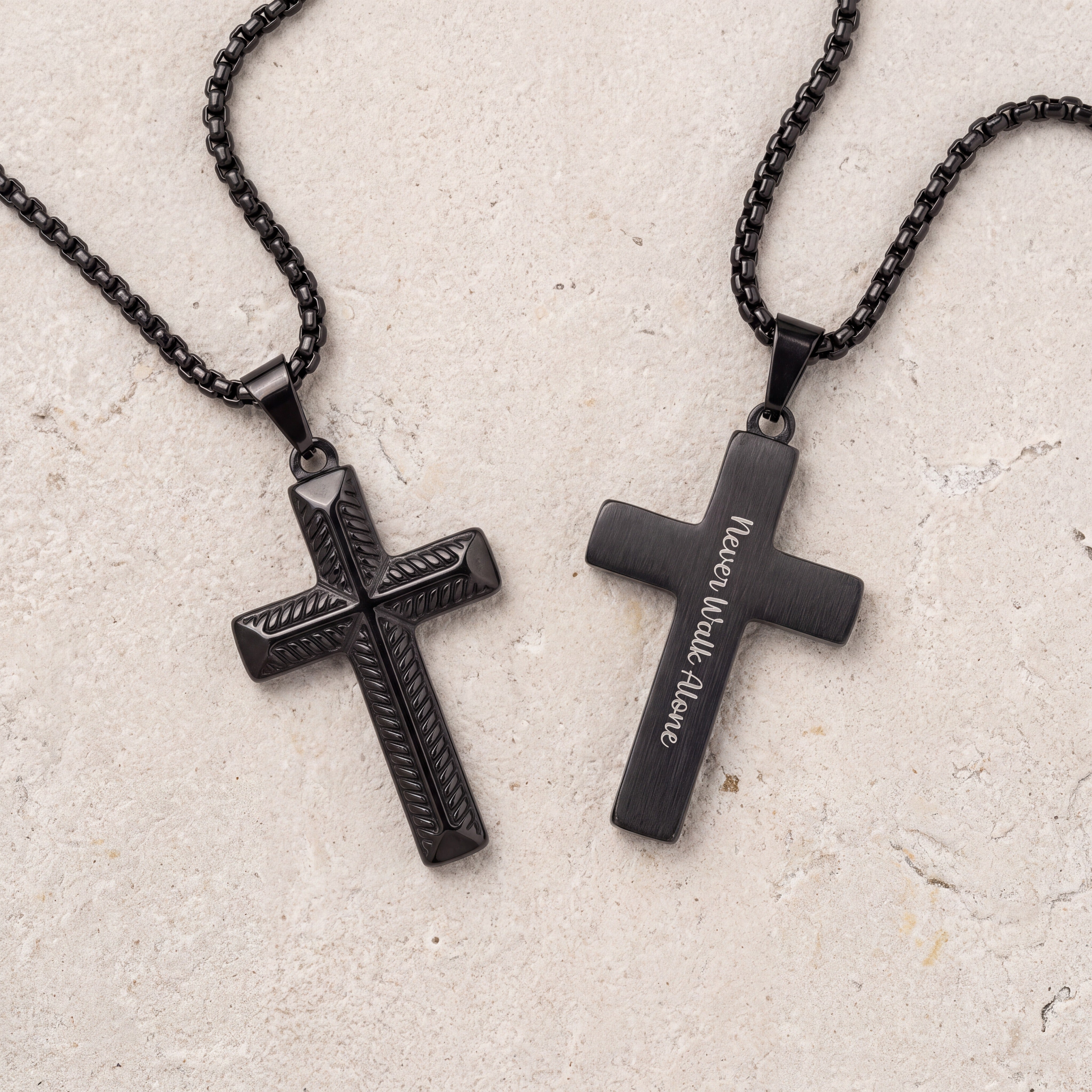 Men’s Black Cross Necklace with Custom Engraving