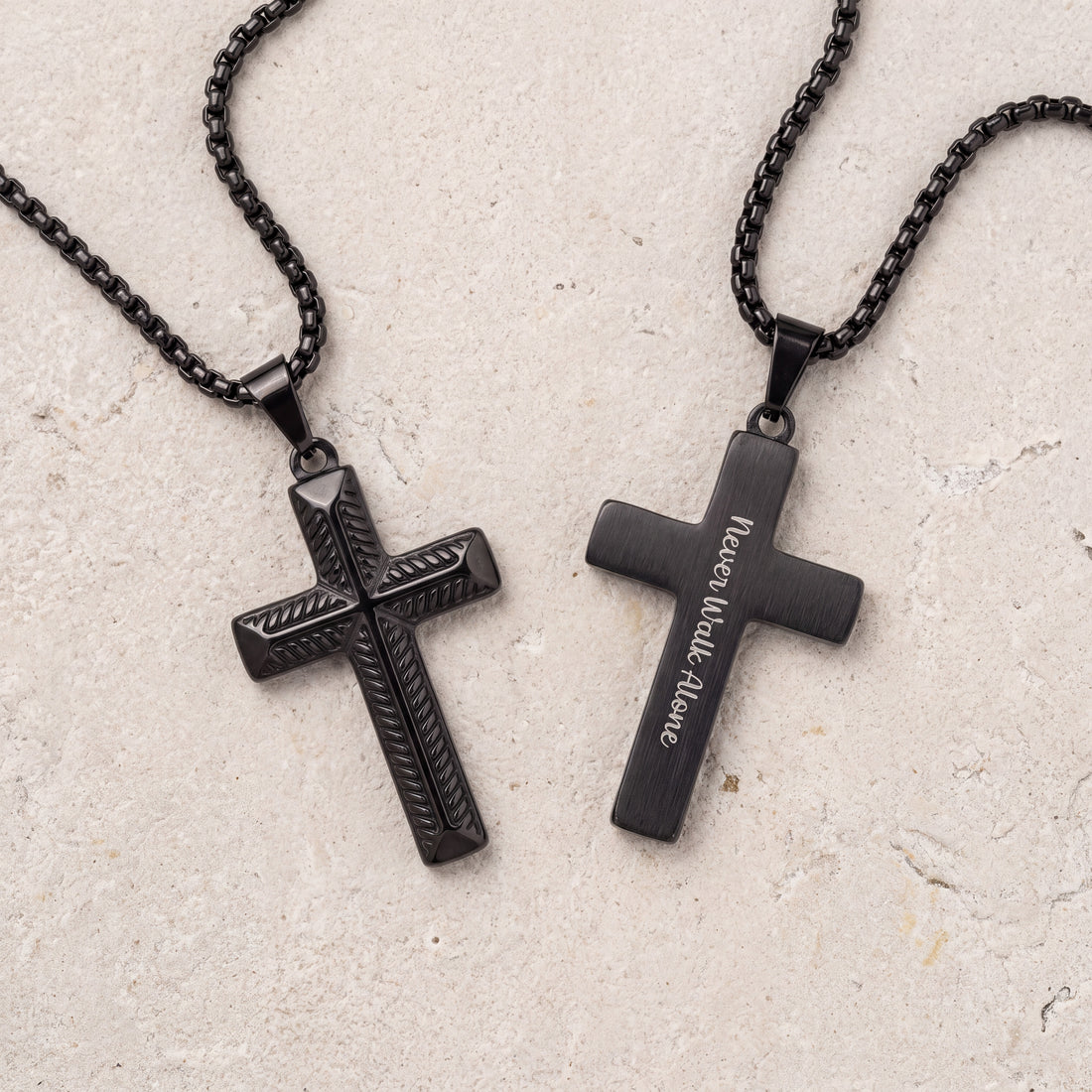 Men’s Black Cross Necklace with Custom Engraving