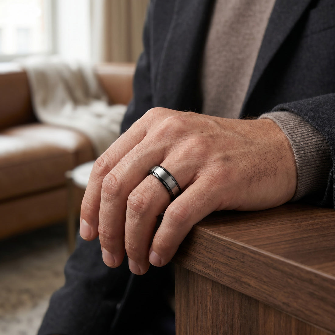 Person wearing a ring with a blurred background of a living room.
