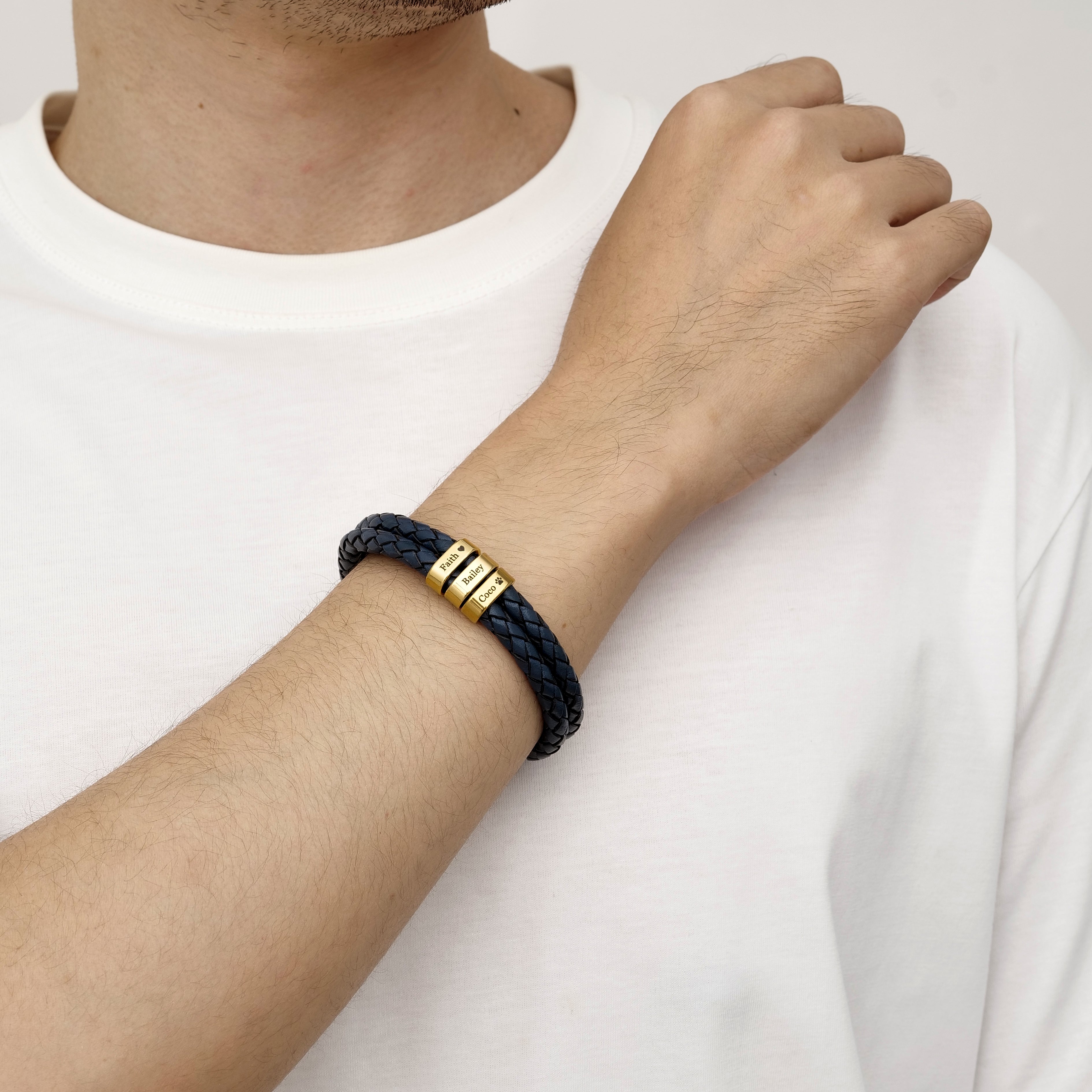 personalized blue leather bracelet with kids’ names engraved