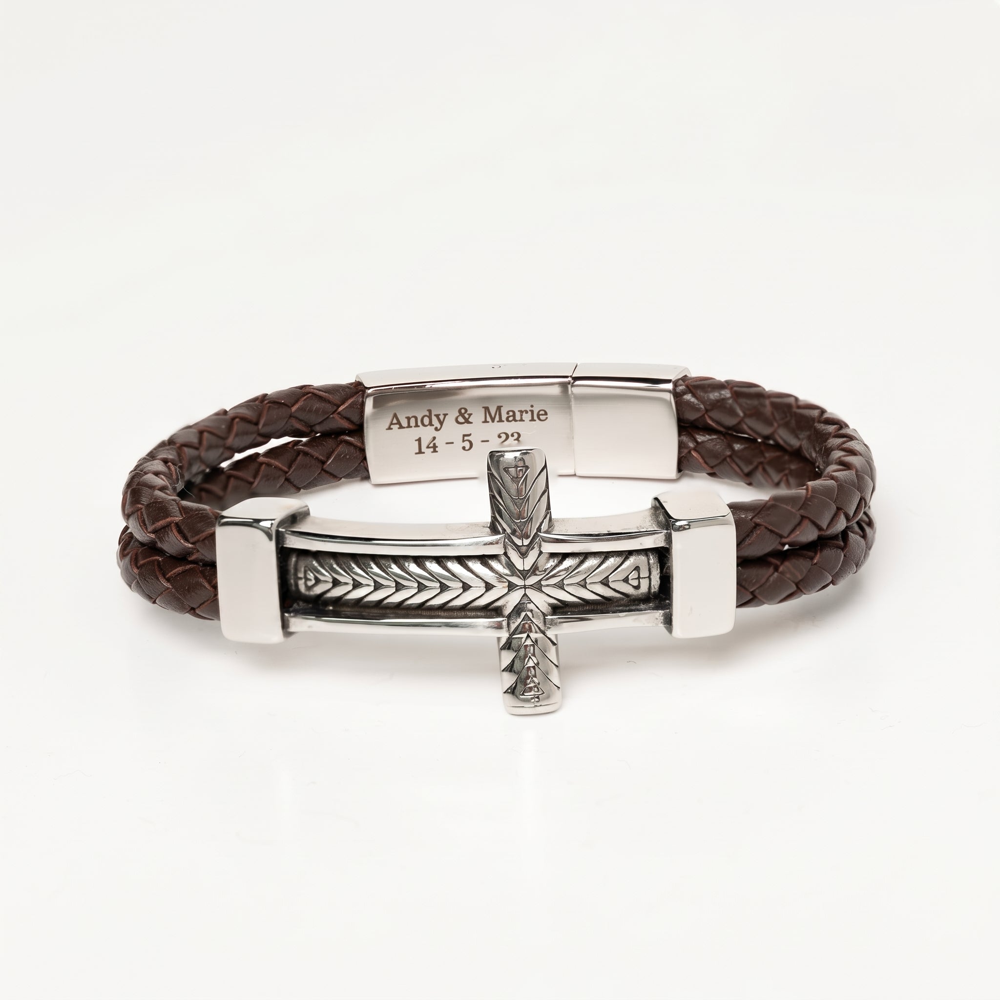 Engraved Men’s Cross Leather Bracelet – Personalized Christian Gift