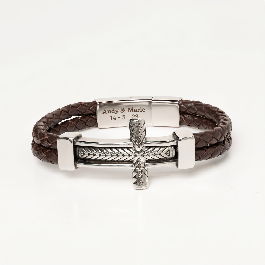 Engraved Men’s Cross Leather Bracelet – Personalized Christian Gift