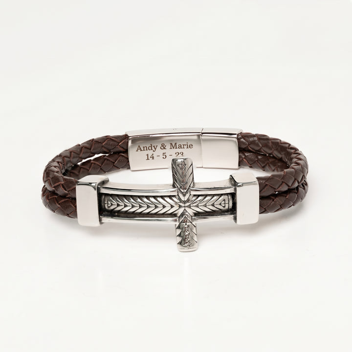 Engraved Men’s Cross Leather Bracelet – Personalized Christian Gift