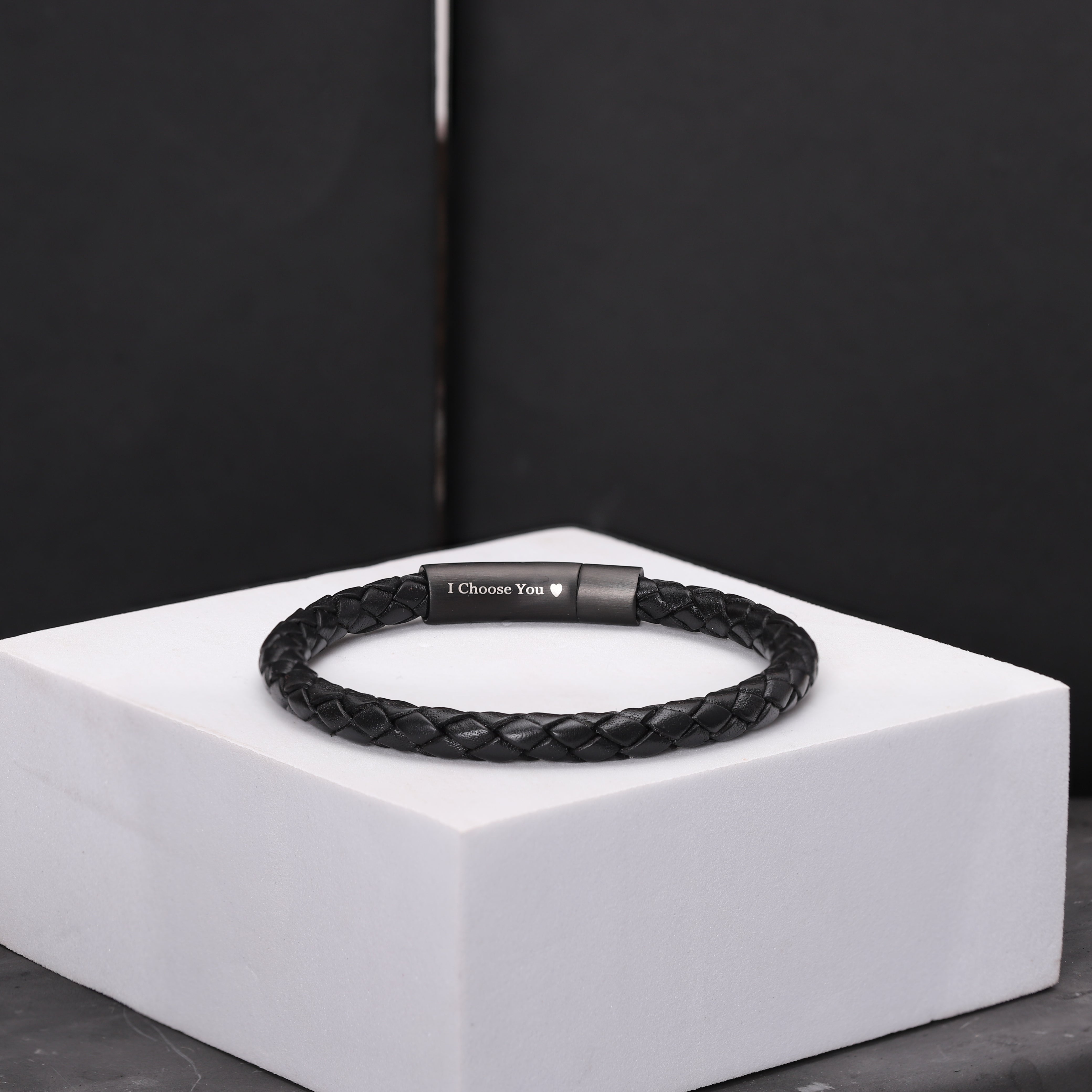 Black leather bracelet with personalized  clasp