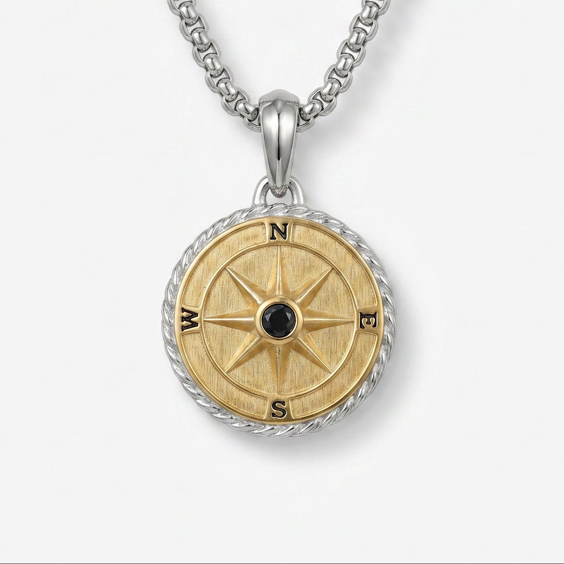 Men’s Compass Pendant Necklace with Black Stone