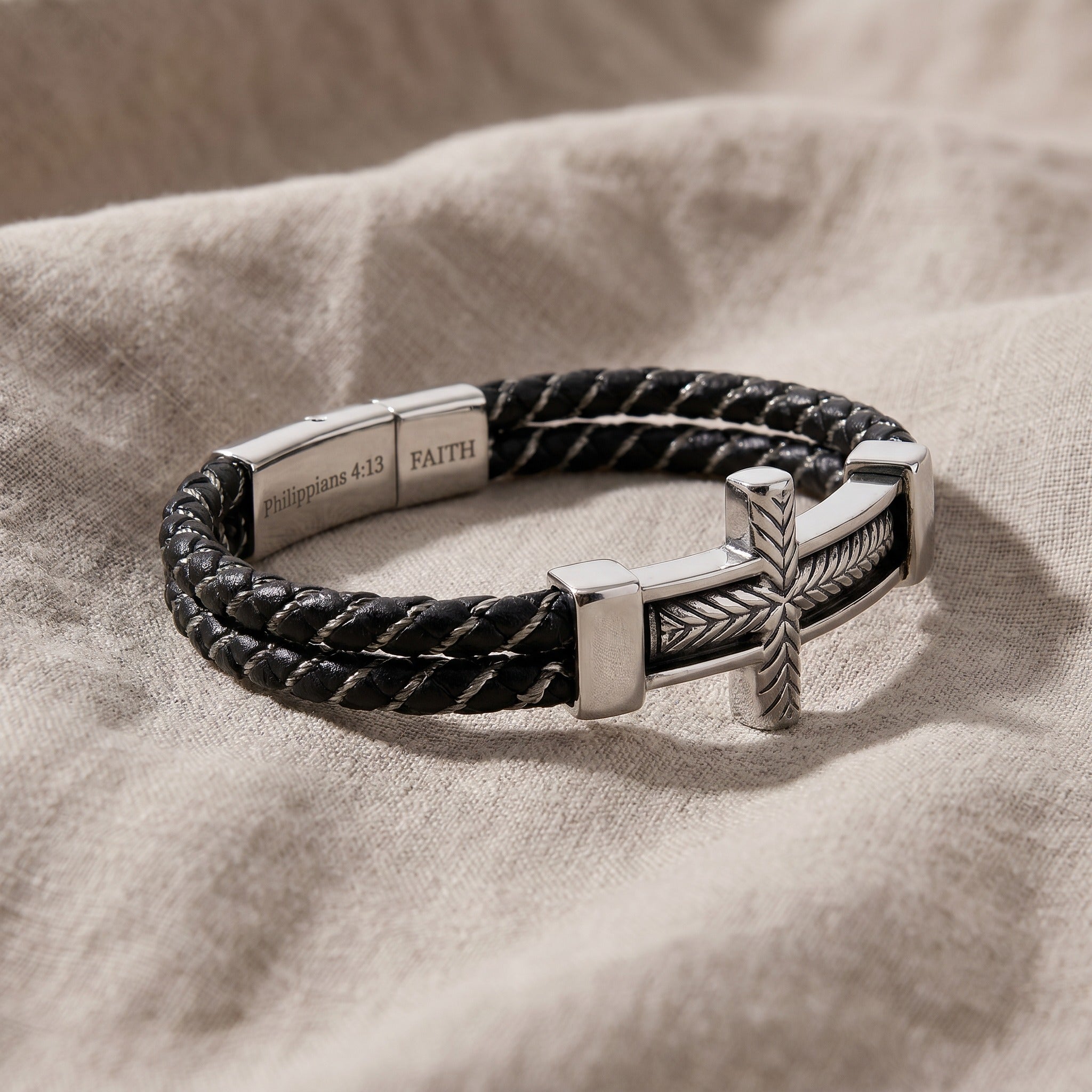 Personalized Men’s Cross Leather Bracelet – Custom Christian Gift for Men