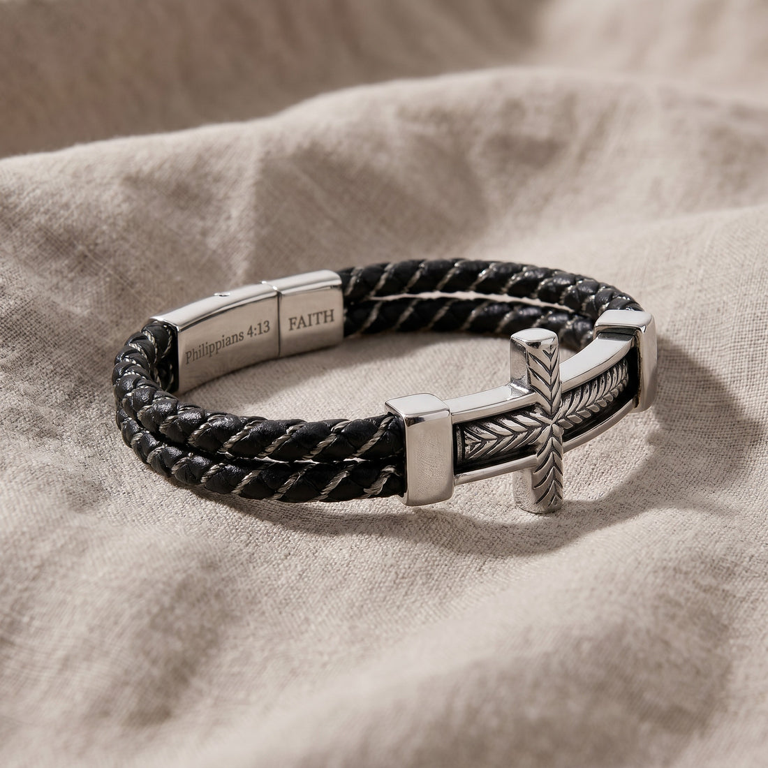 Personalized Men’s Cross Leather Bracelet – Custom Christian Gift for Men