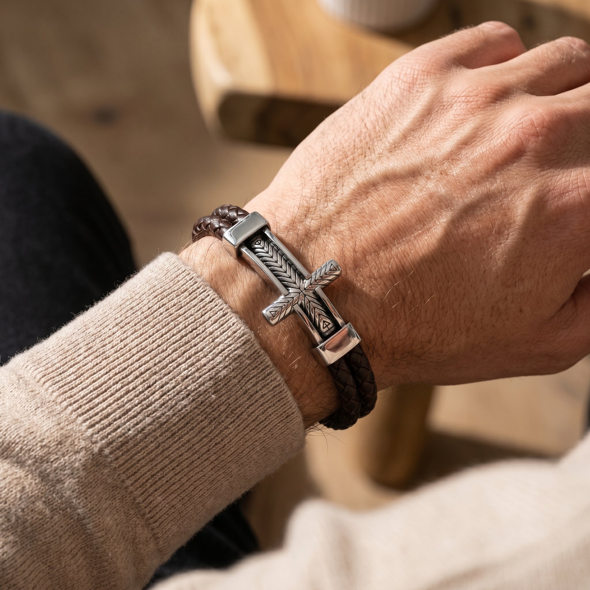 Engraved Men’s Cross Leather Bracelet – Personalized Christian Gift