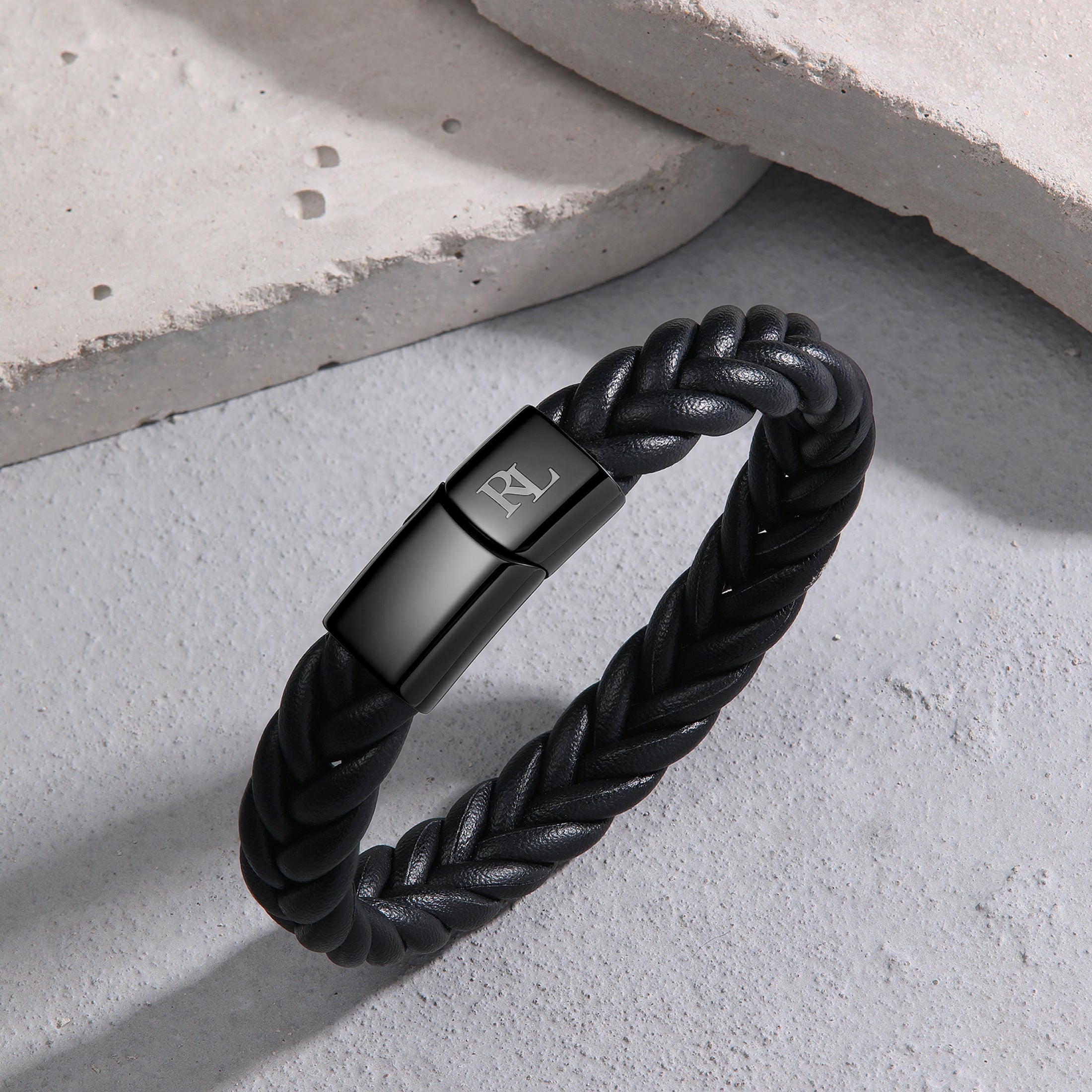 personalized men’s bracelet featuring gold initials on a leather band