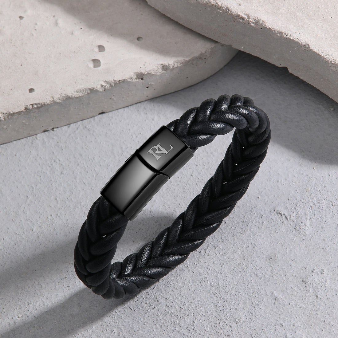 personalized men’s bracelet featuring gold initials on a leather band