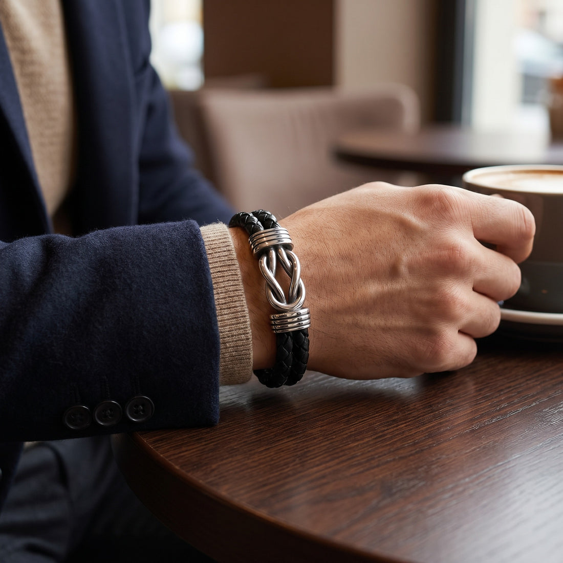 Person wearing a bracelet with a cup of coffee in the background