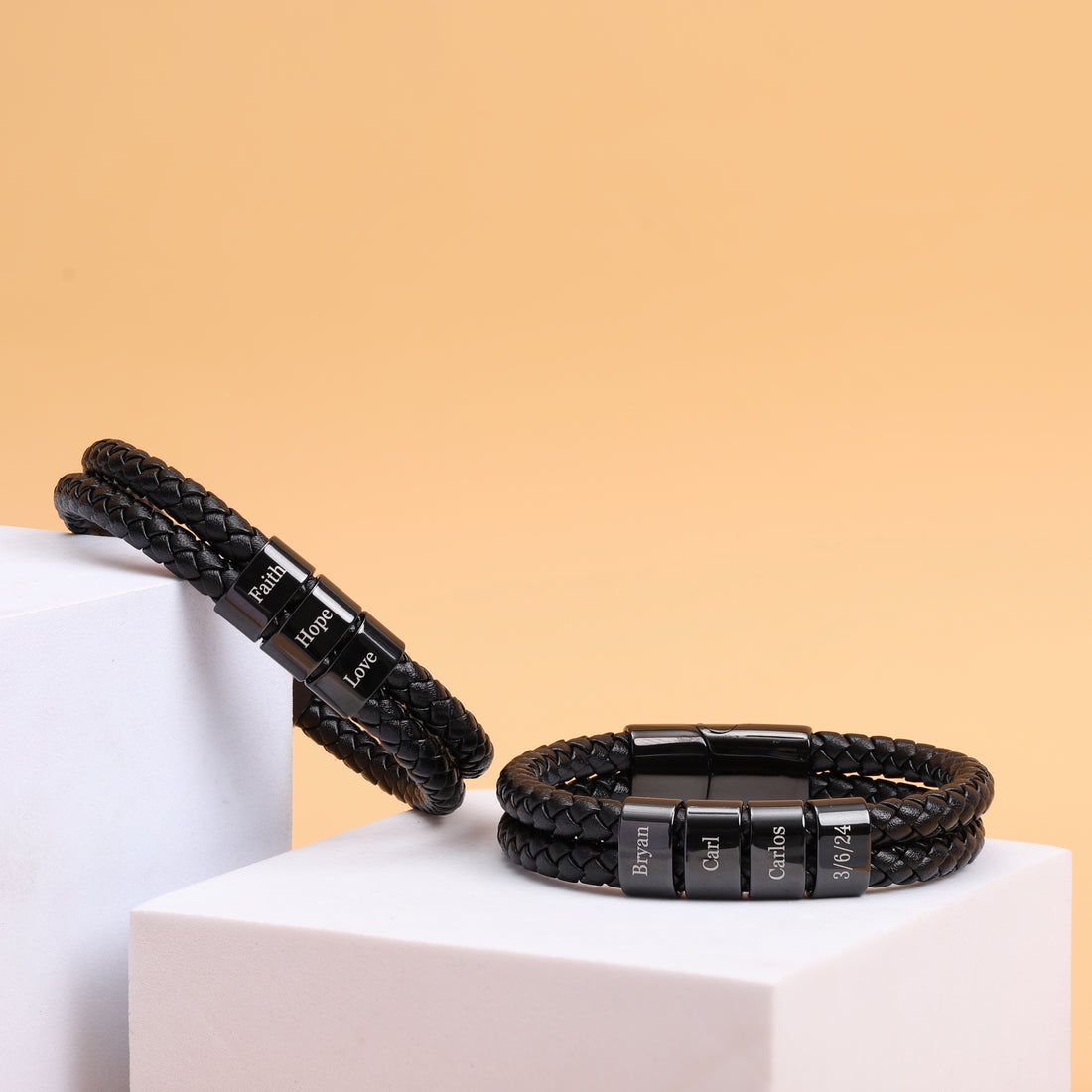 Pulsera de cuero personalizada para hombres con nombres de niños - Negra