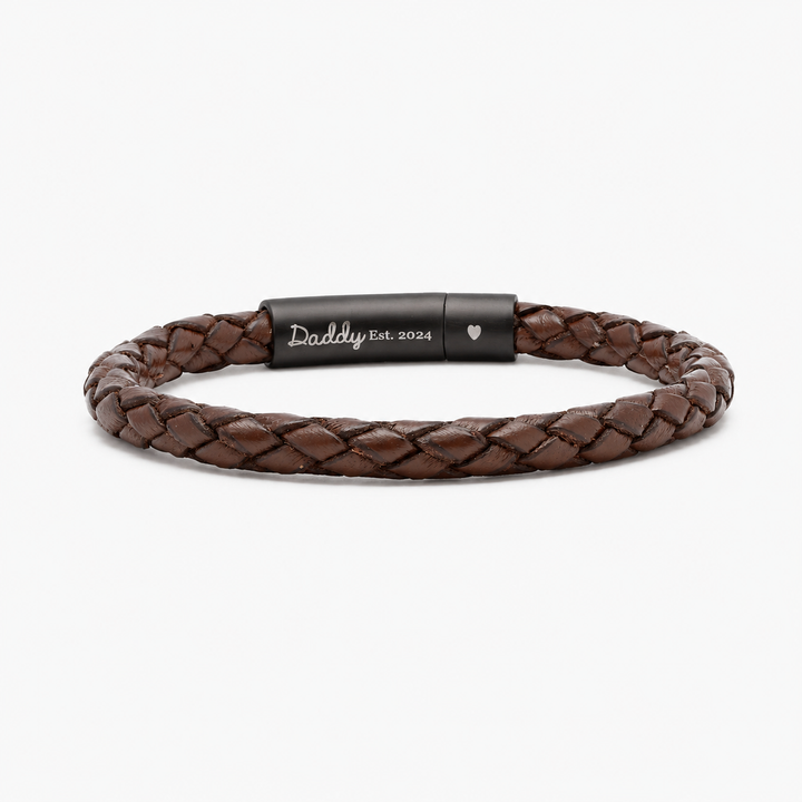 Brown braided leather bracelet with engraved message for men