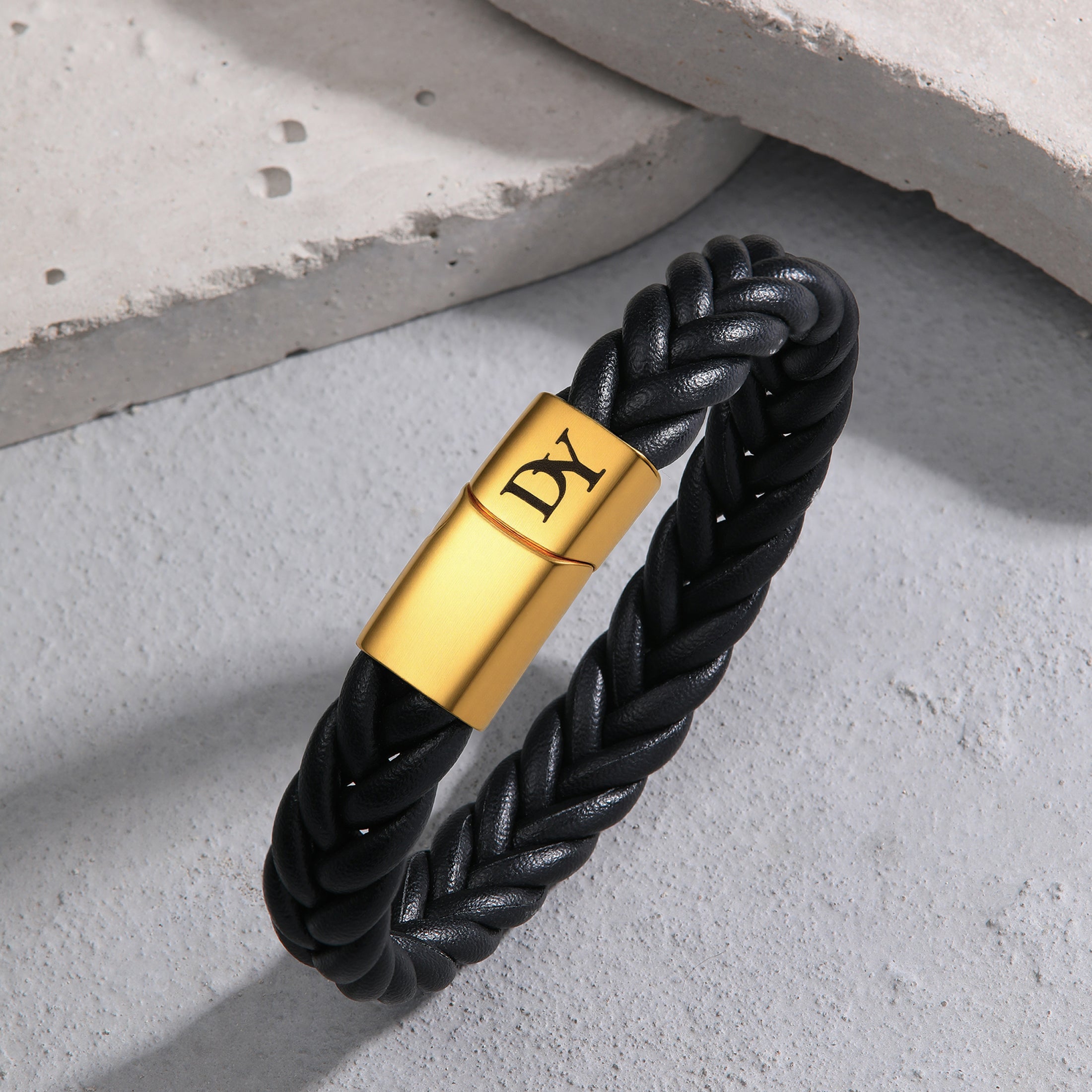 personalized leather bracelet for men with gold initial
