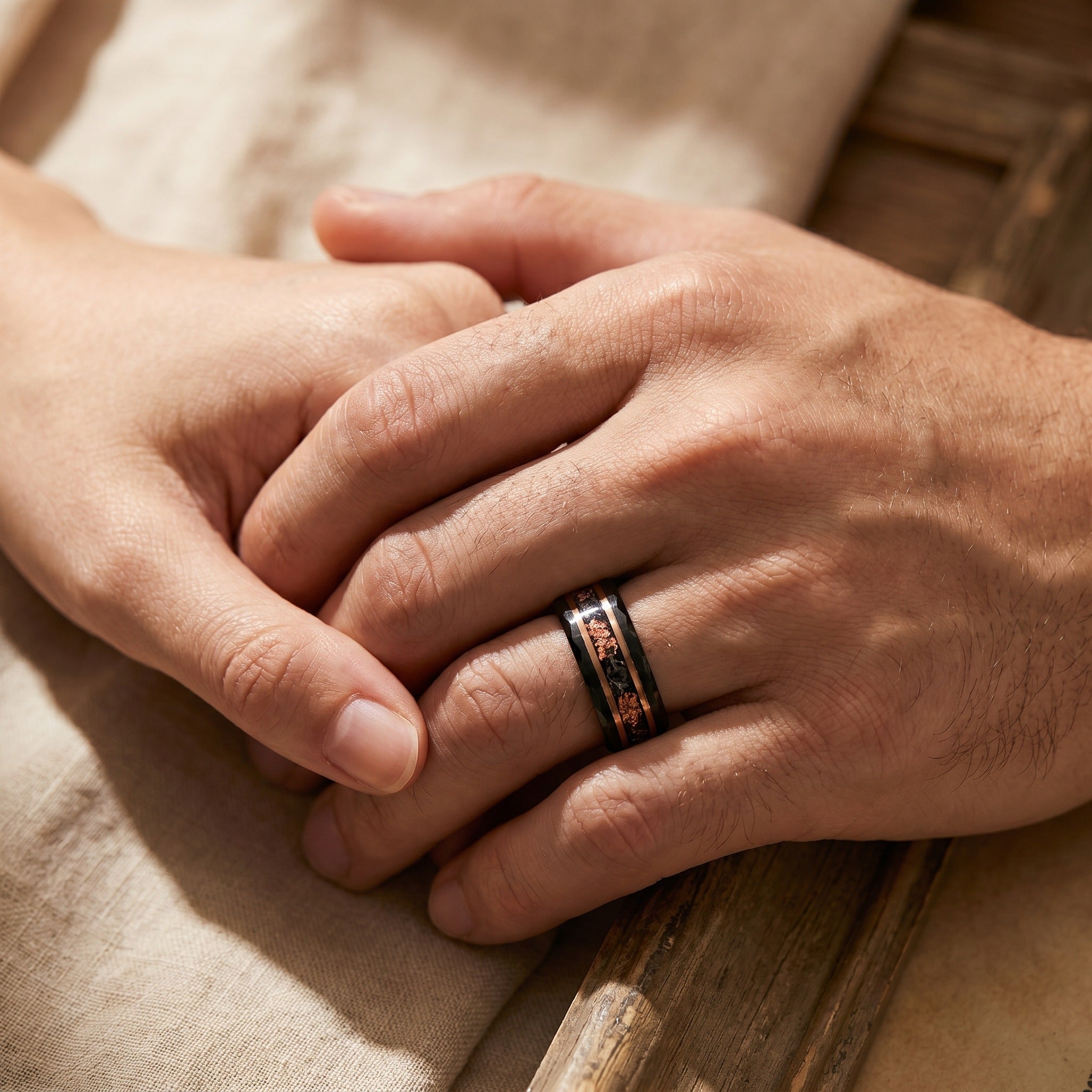 Black Tungsten Wedding Band with Rose Gold Inlay and Meteorites