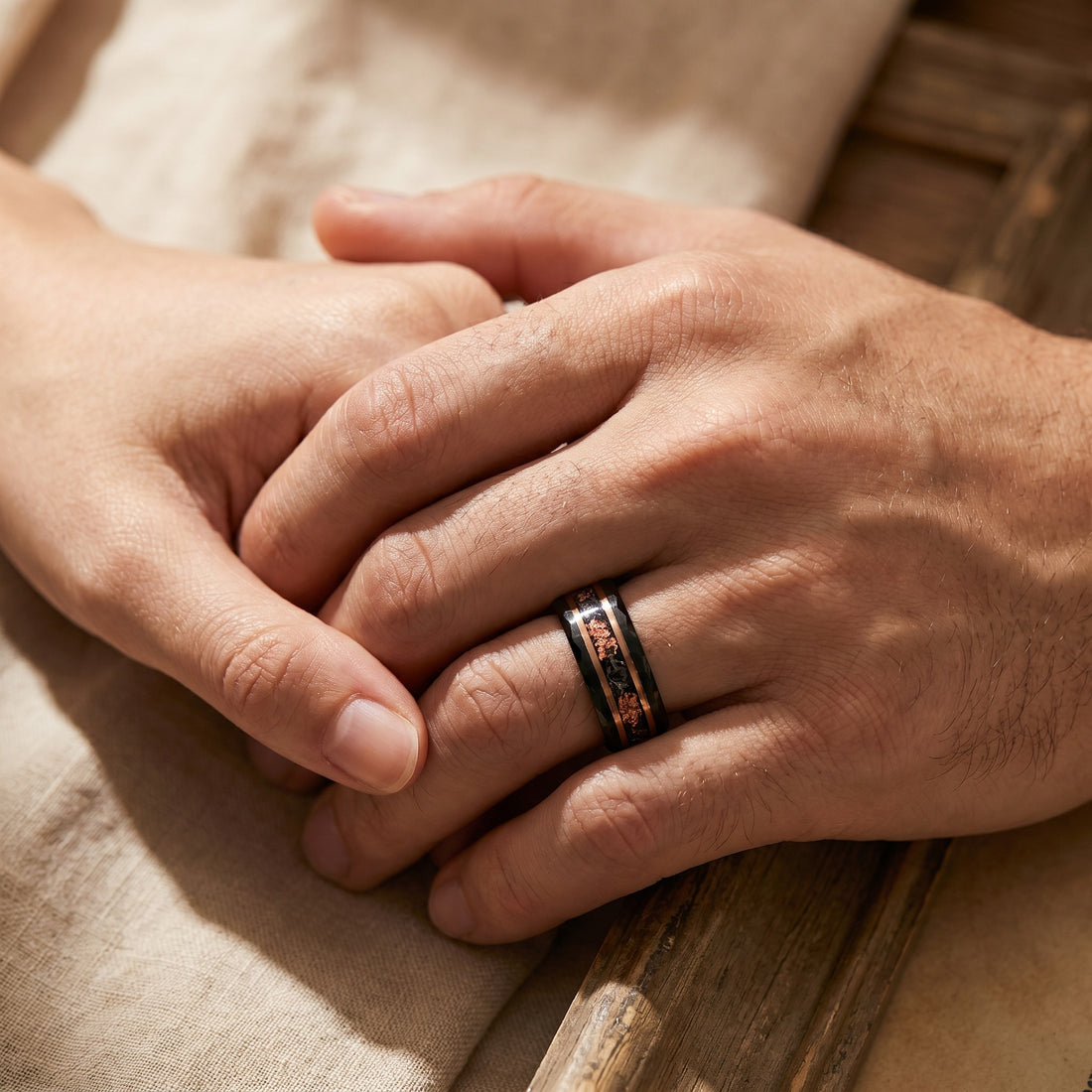 Black Tungsten Wedding Band with Rose Gold Inlay and Meteorites