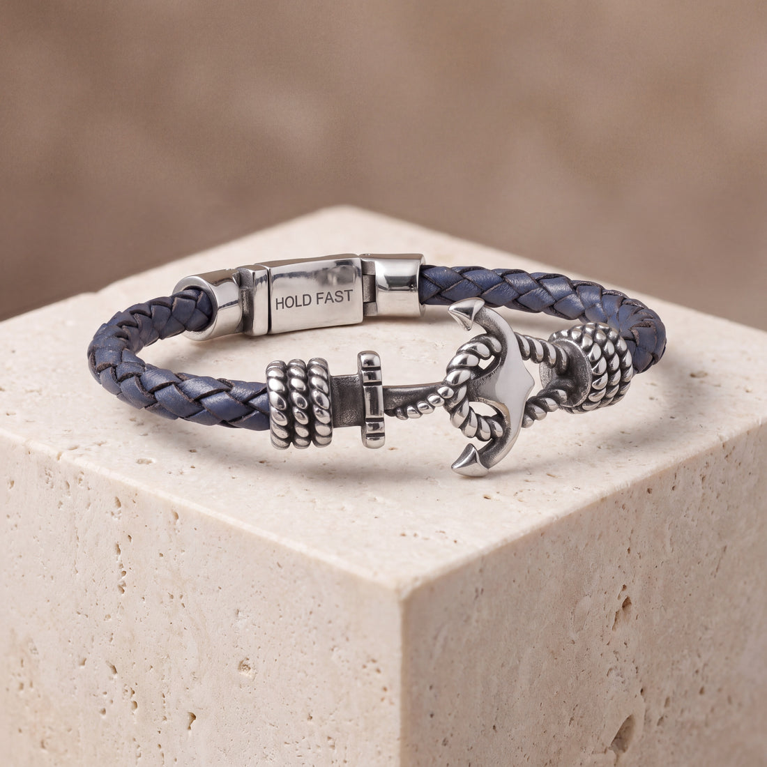 Men's Engraved Anchor Leather Bracelet - Blue