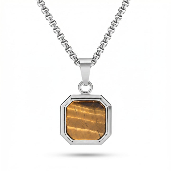 Necklace with a tiger's eye pendant on a white background