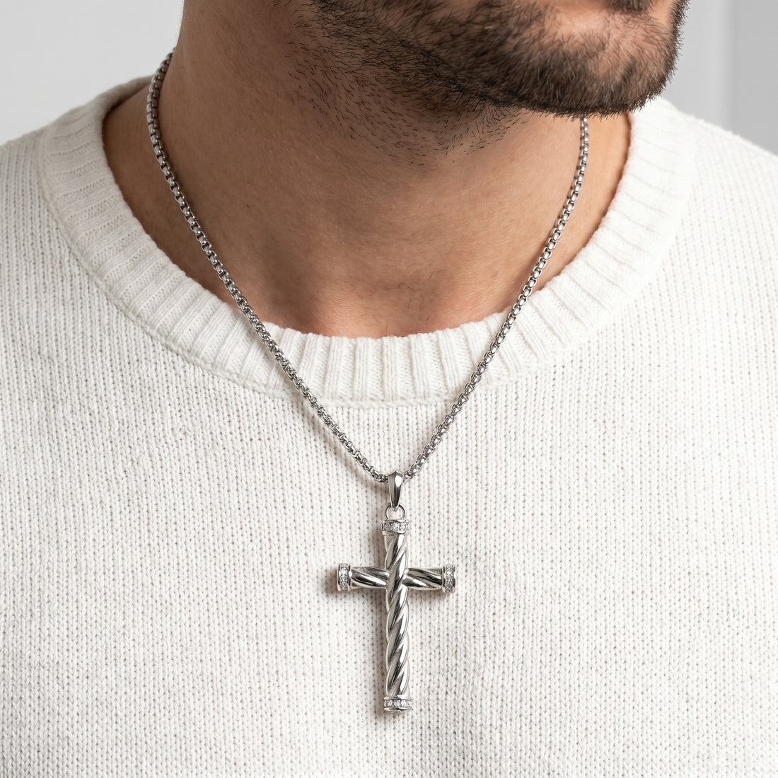 Engraved Silver Cross Necklace for Men