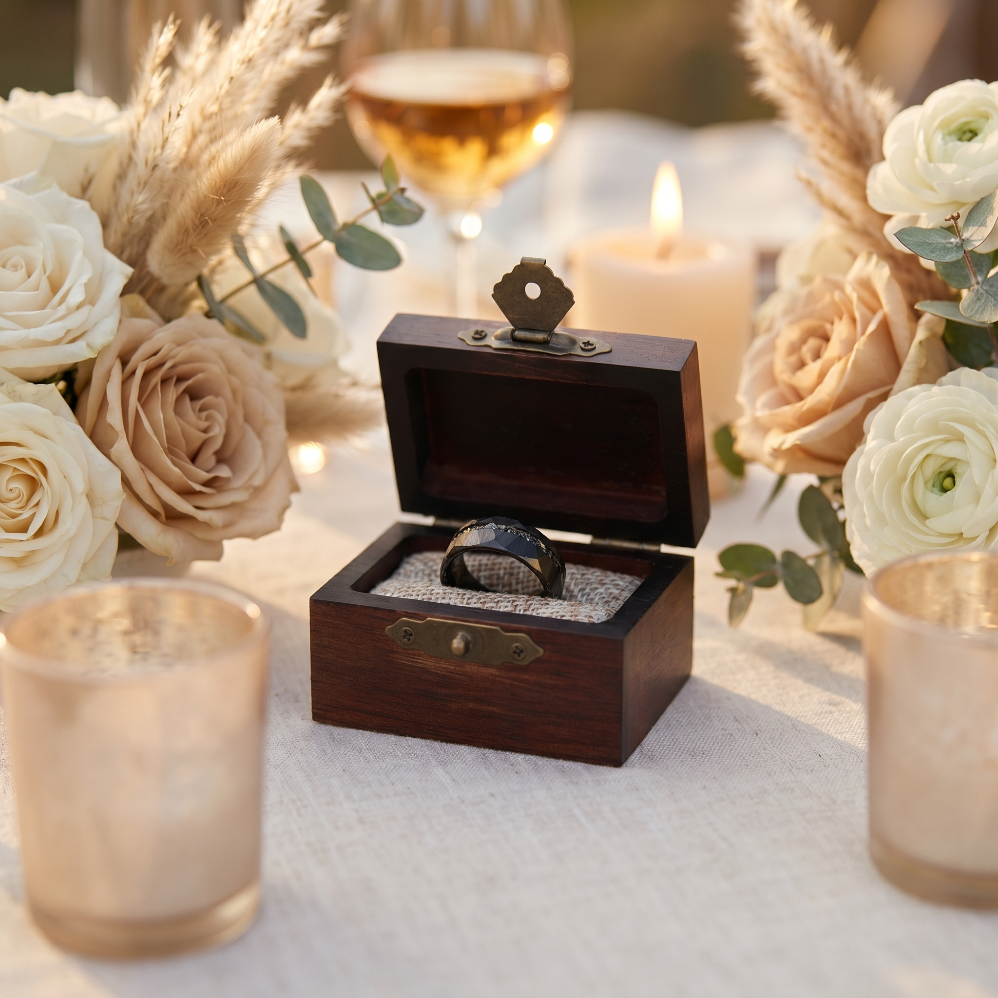 Wooden ring box with a ring on a table with flowers and candles